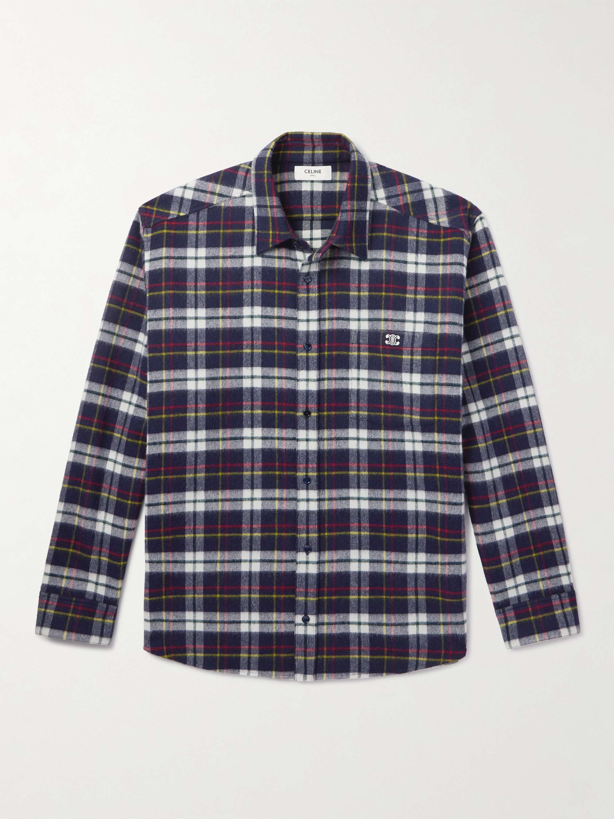 トップス CELINE 21AW Checked Wool Loose Shirts CELINE Logo-Embroidered Checked Wool-Flannel Shirt for Men