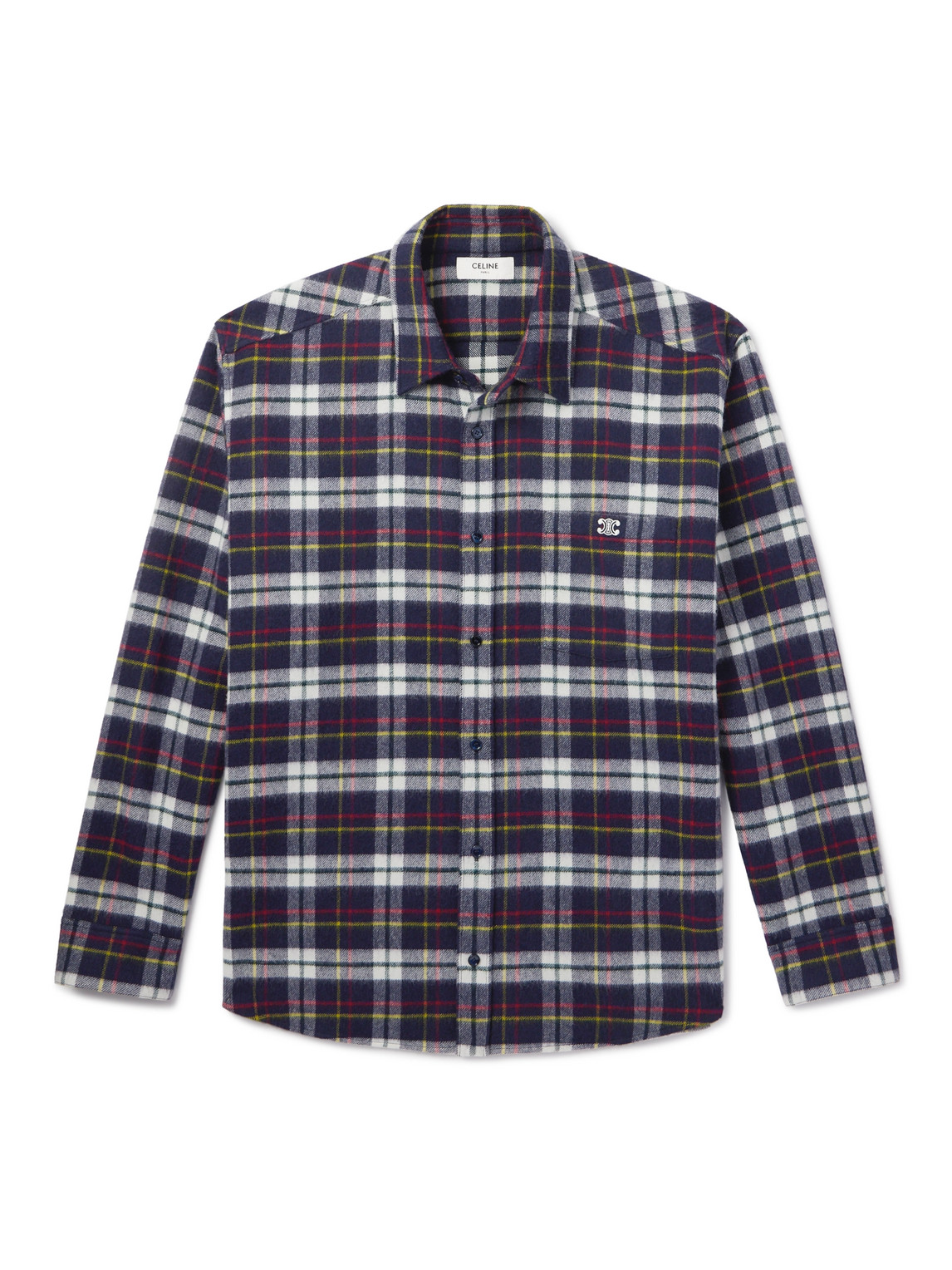 Celine Logo-embroidered Checked Wool-flannel Shirt In Multi