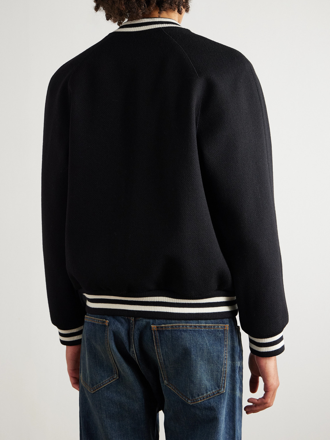 Celine Teddy Triomphe Leather-trimmed Wool-blend Varsity Jacket In Black