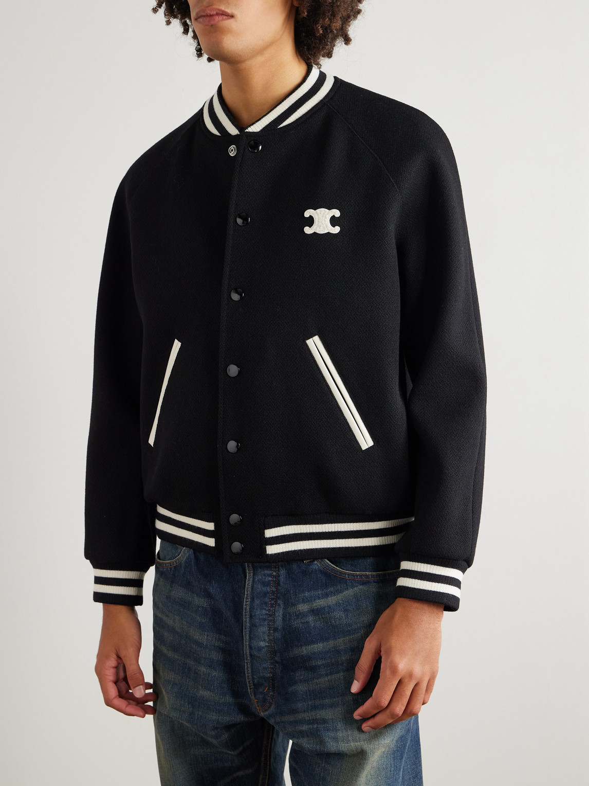 Celine Teddy Triomphe Leather-trimmed Wool-blend Varsity Jacket In Black