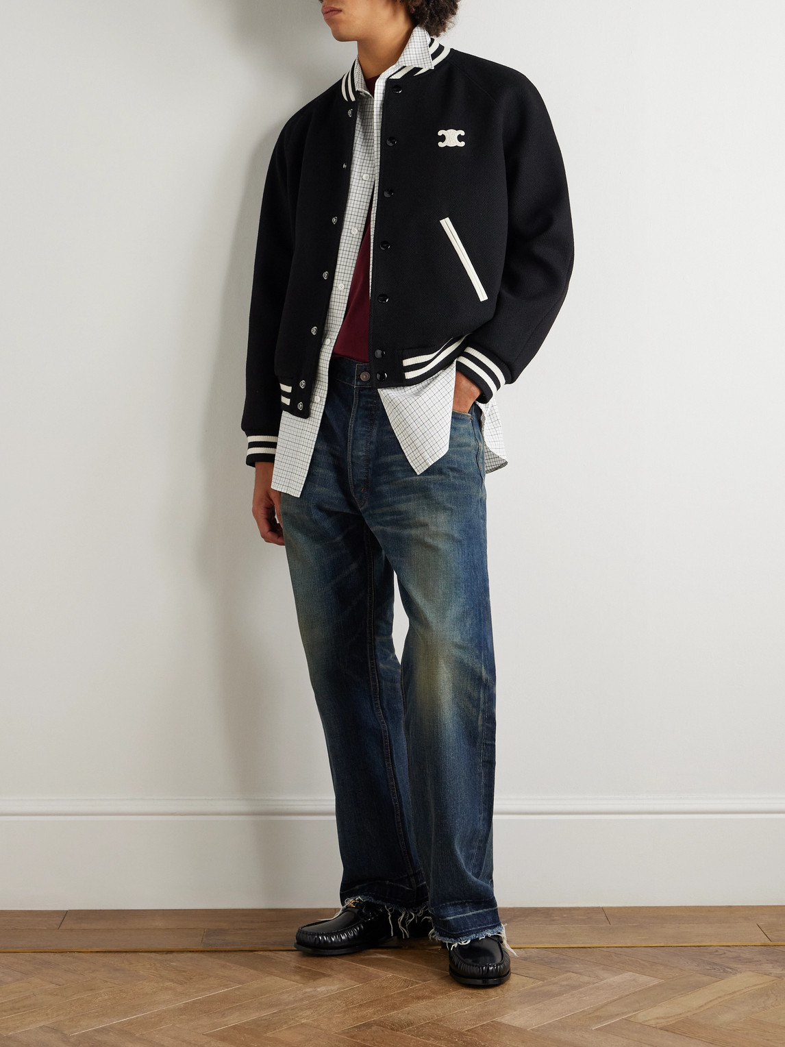 Celine Teddy Triomphe Leather-trimmed Wool-blend Varsity Jacket In Black