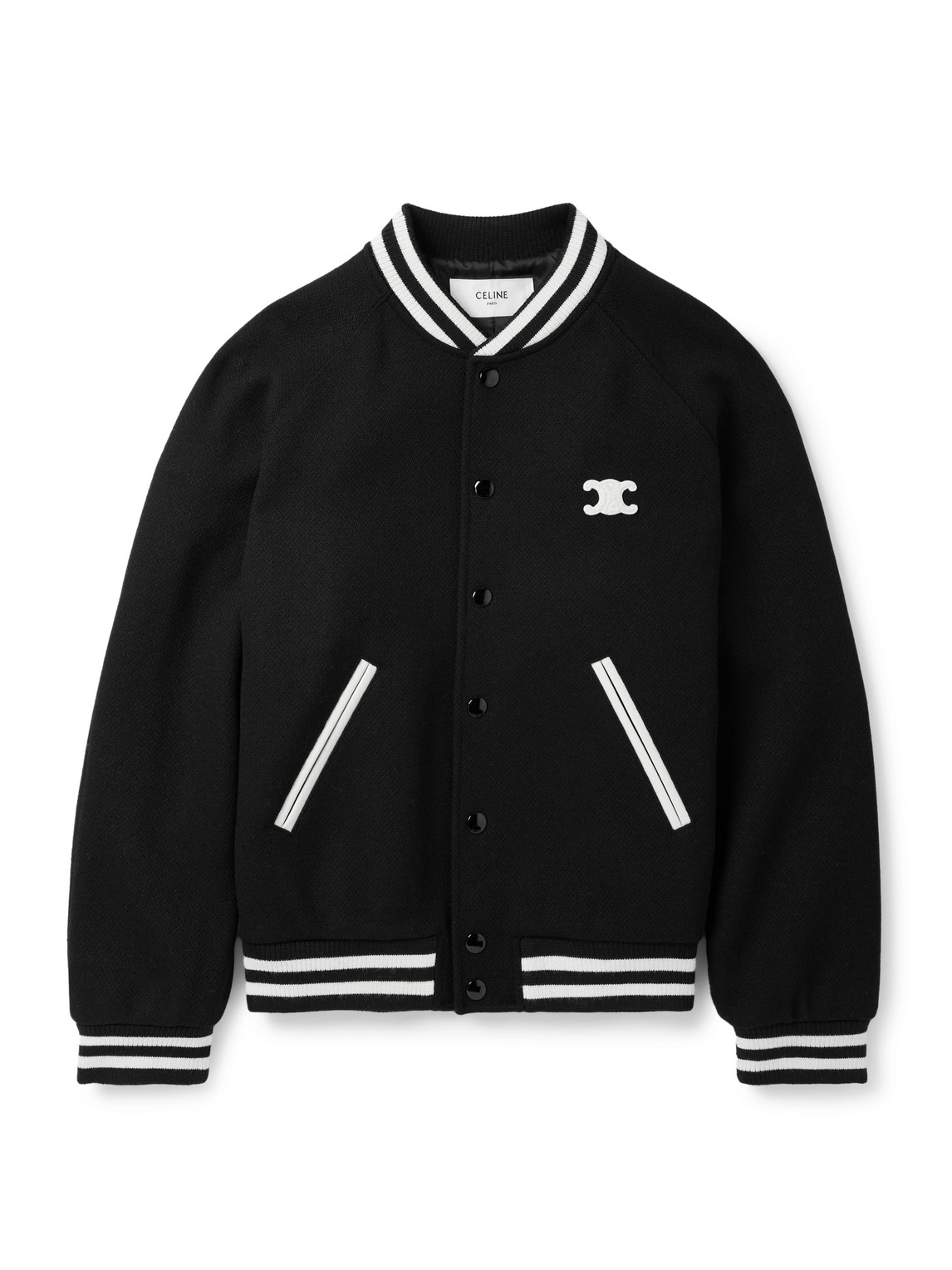 Celine Teddy Triomphe Leather-trimmed Wool-blend Varsity Jacket In Black
