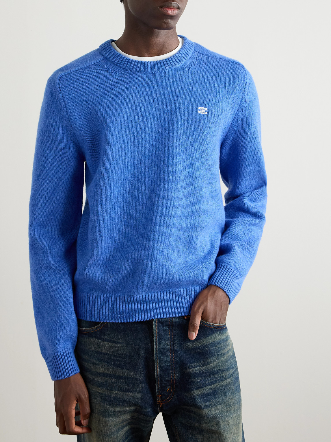 Celine Logo-embroidered Wool And Cashmere-blend Sweater In Blue