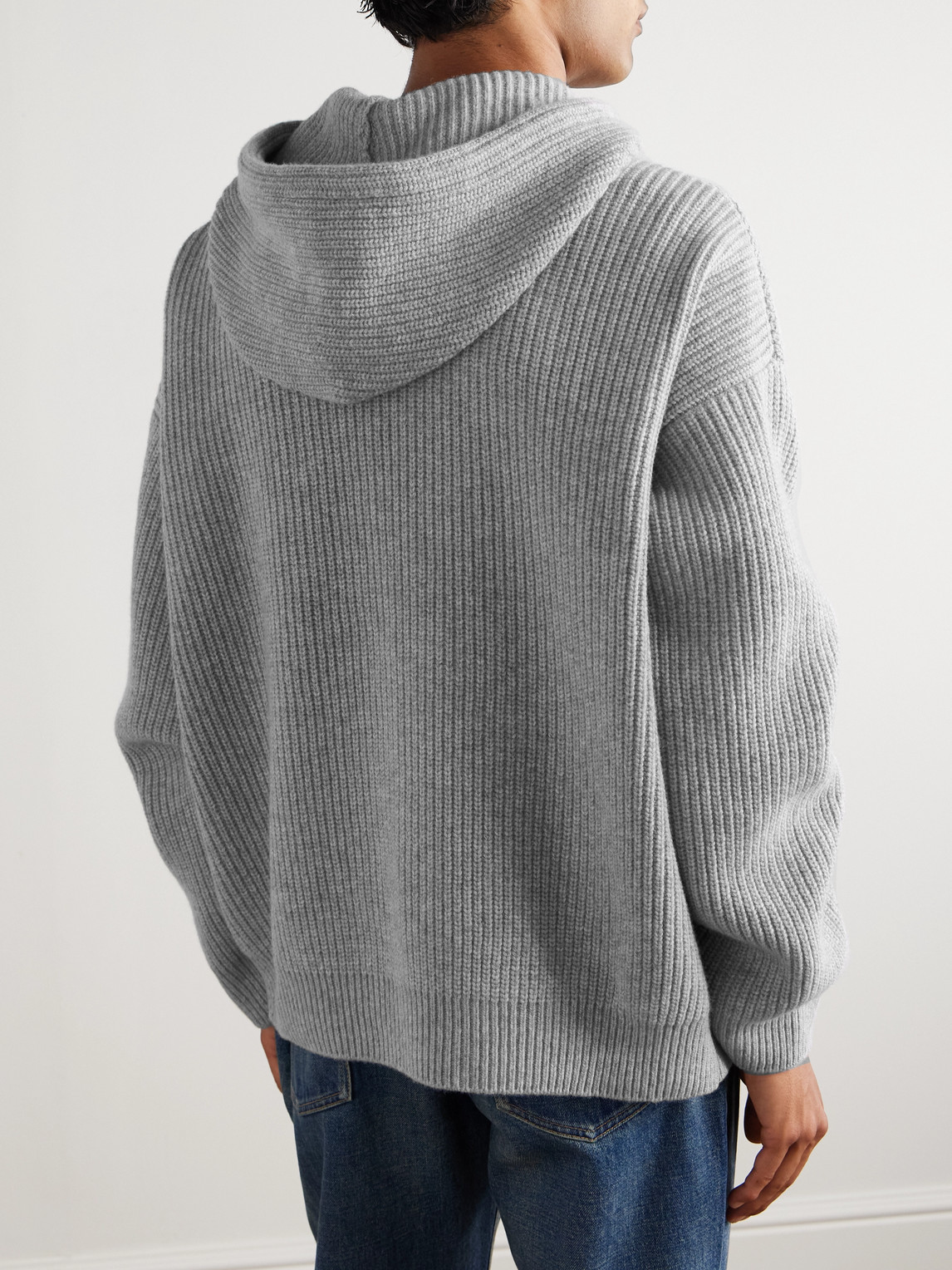 Celine Logo-appliquéd Ribbed Wool Hoodie In Gray