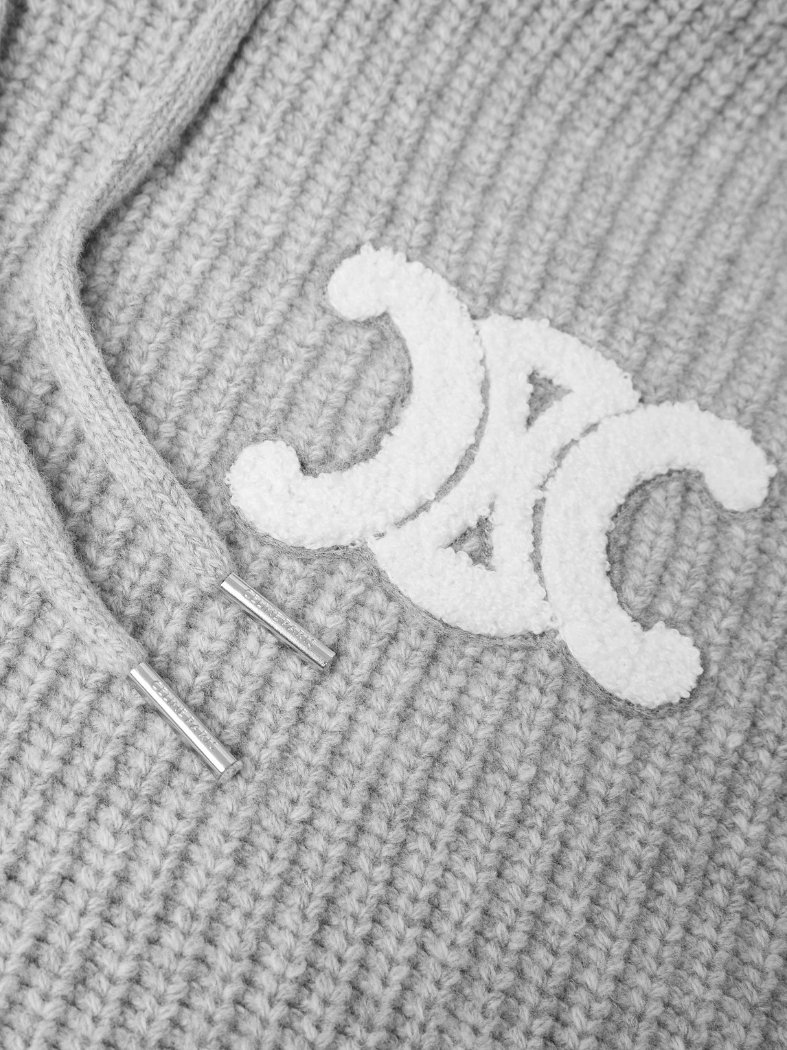 Celine Logo-appliquéd Ribbed Wool Hoodie In Gray