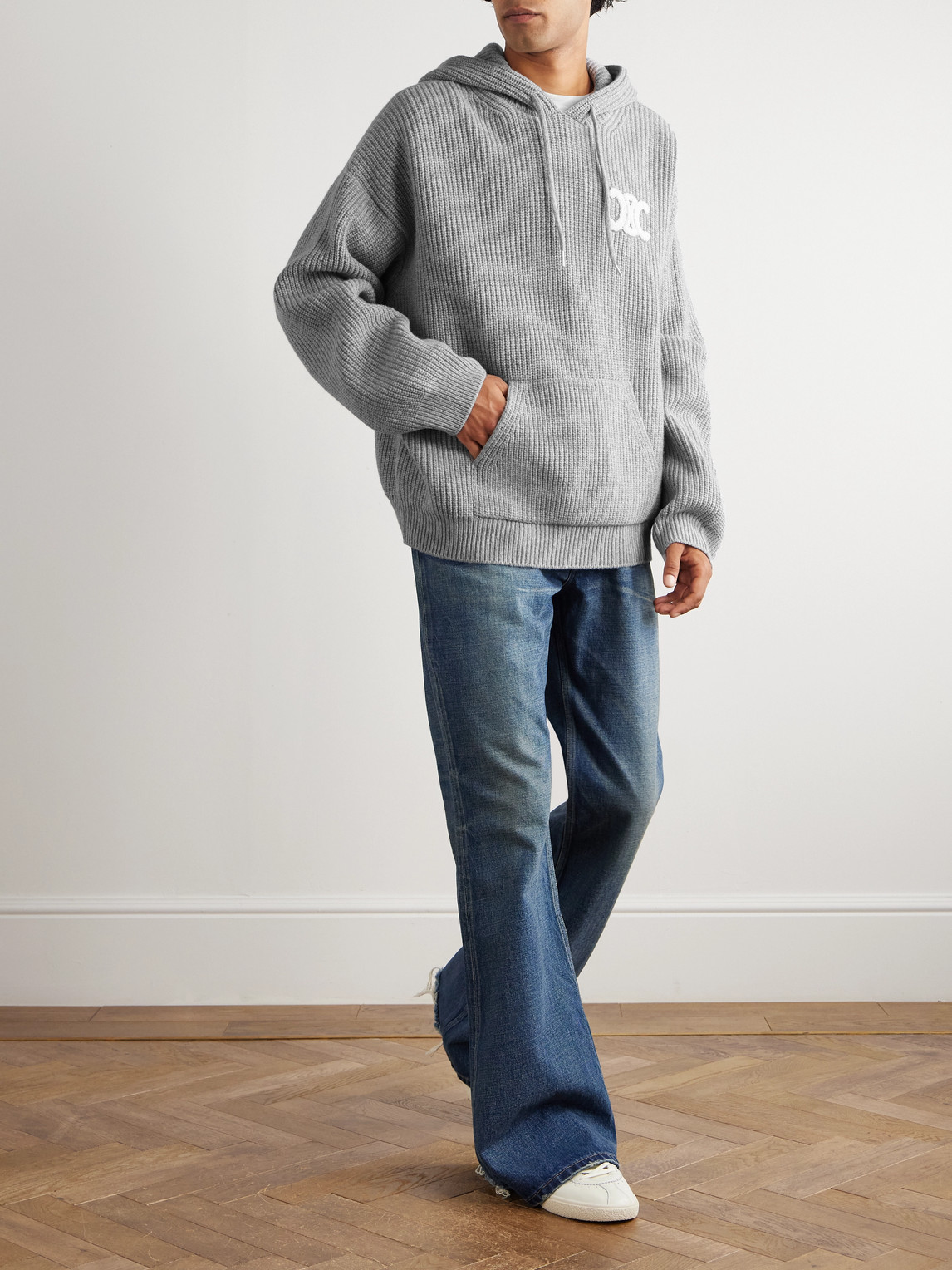 Celine Logo-appliquéd Ribbed Wool Hoodie In Gray