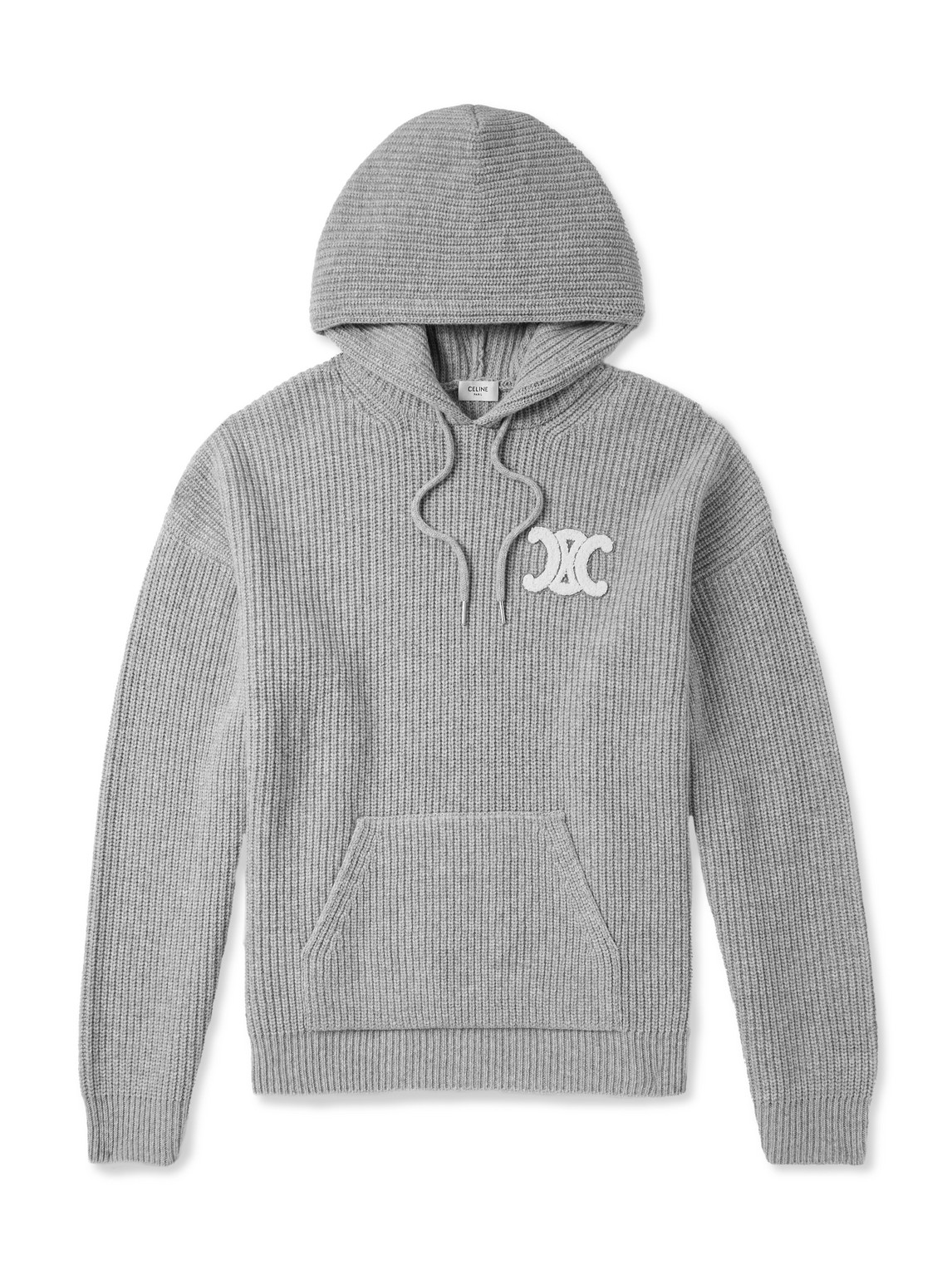 Celine Logo-appliquéd Ribbed Wool Hoodie In Gray