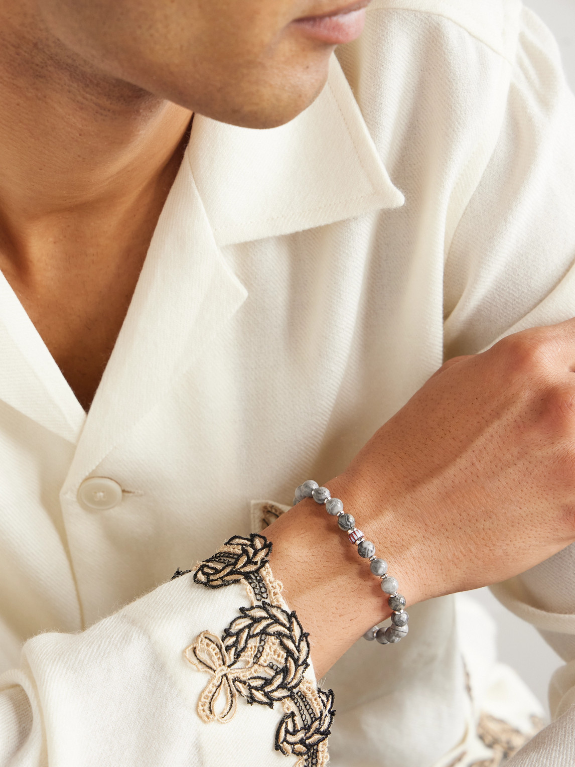 Sterling Silver, Jasper and Shell Beaded Bracelet — 2