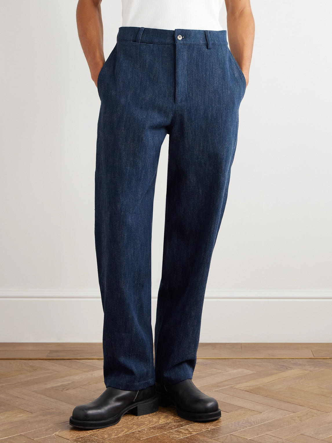 De Bonne Facture Balloon Tapered Cotton And Virgin Wool-blend Trousers In Blue