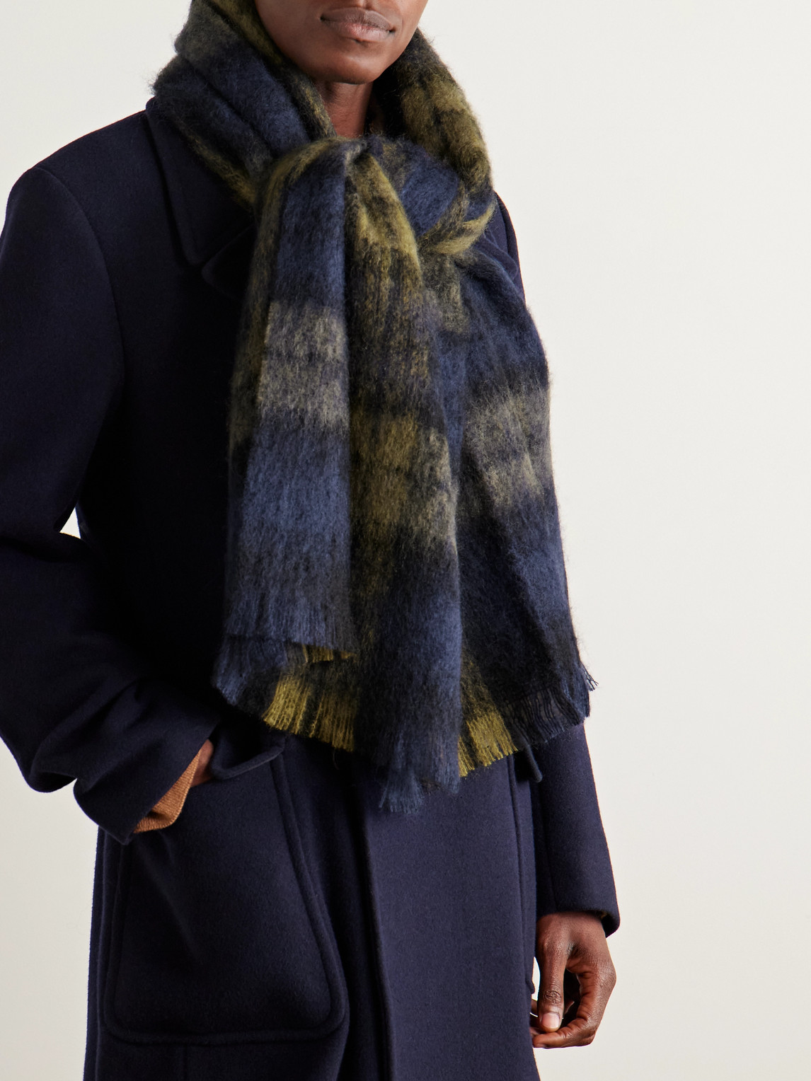 De Bonne Facture University Fringed Checked Mohair And Wool-blend Scarf In Blue