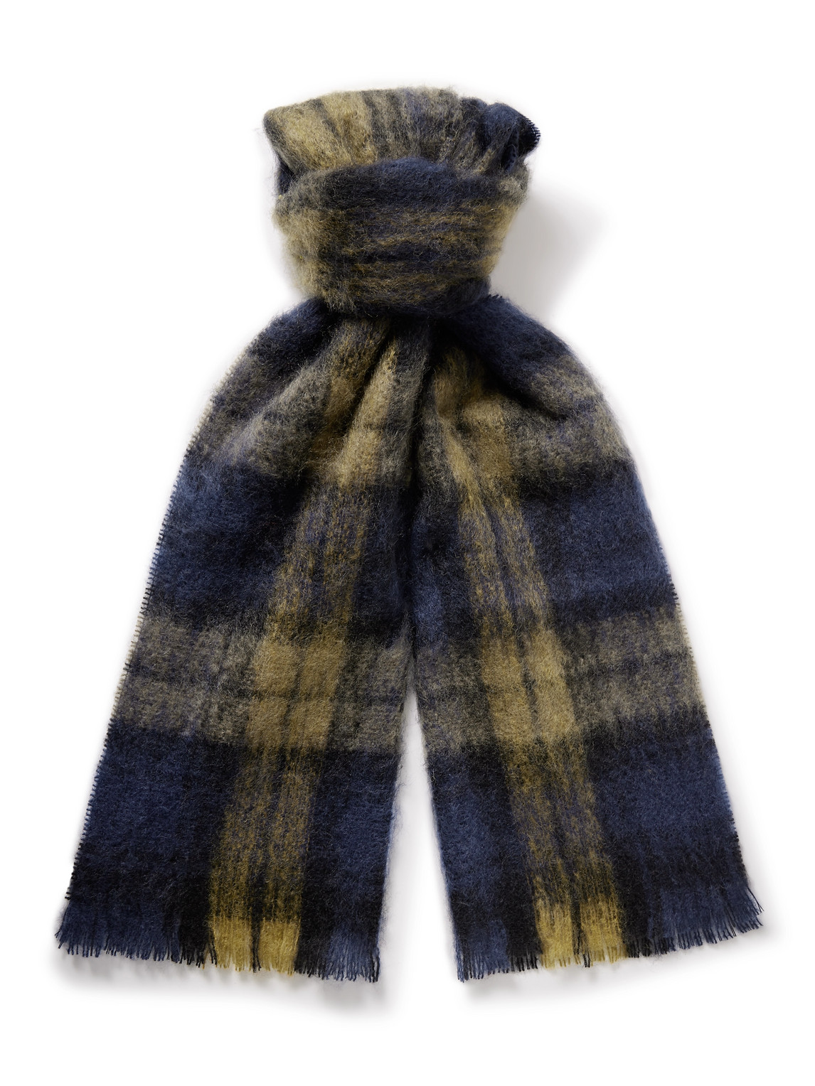 De Bonne Facture University Fringed Checked Mohair And Wool-blend Scarf In Blue