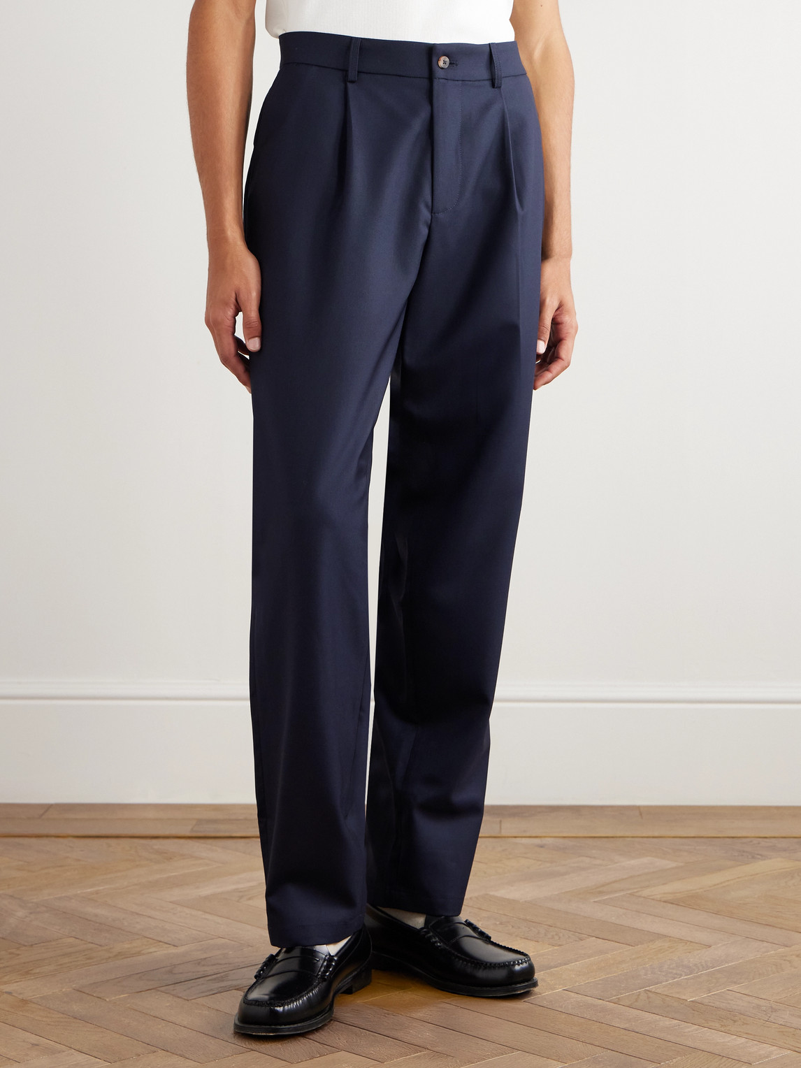De Bonne Facture Straight-leg Pleated Super 130s Wool Suit Trousers In Blue
