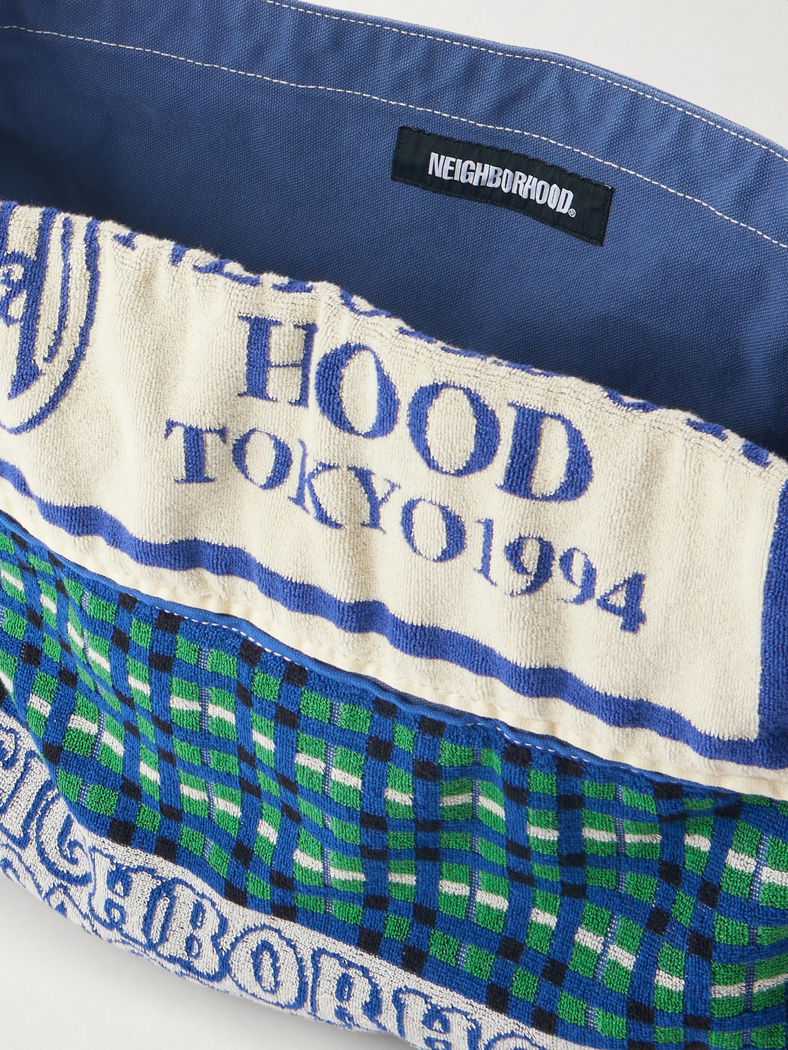 Neighborhood Newspaper Mod Appliquéd Terry-trimmed Cotton-canvas Tote Bag In Blue