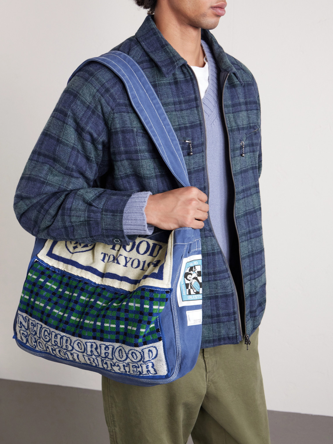 Neighborhood Newspaper Mod Appliquéd Terry-trimmed Cotton-canvas Tote Bag In Blue