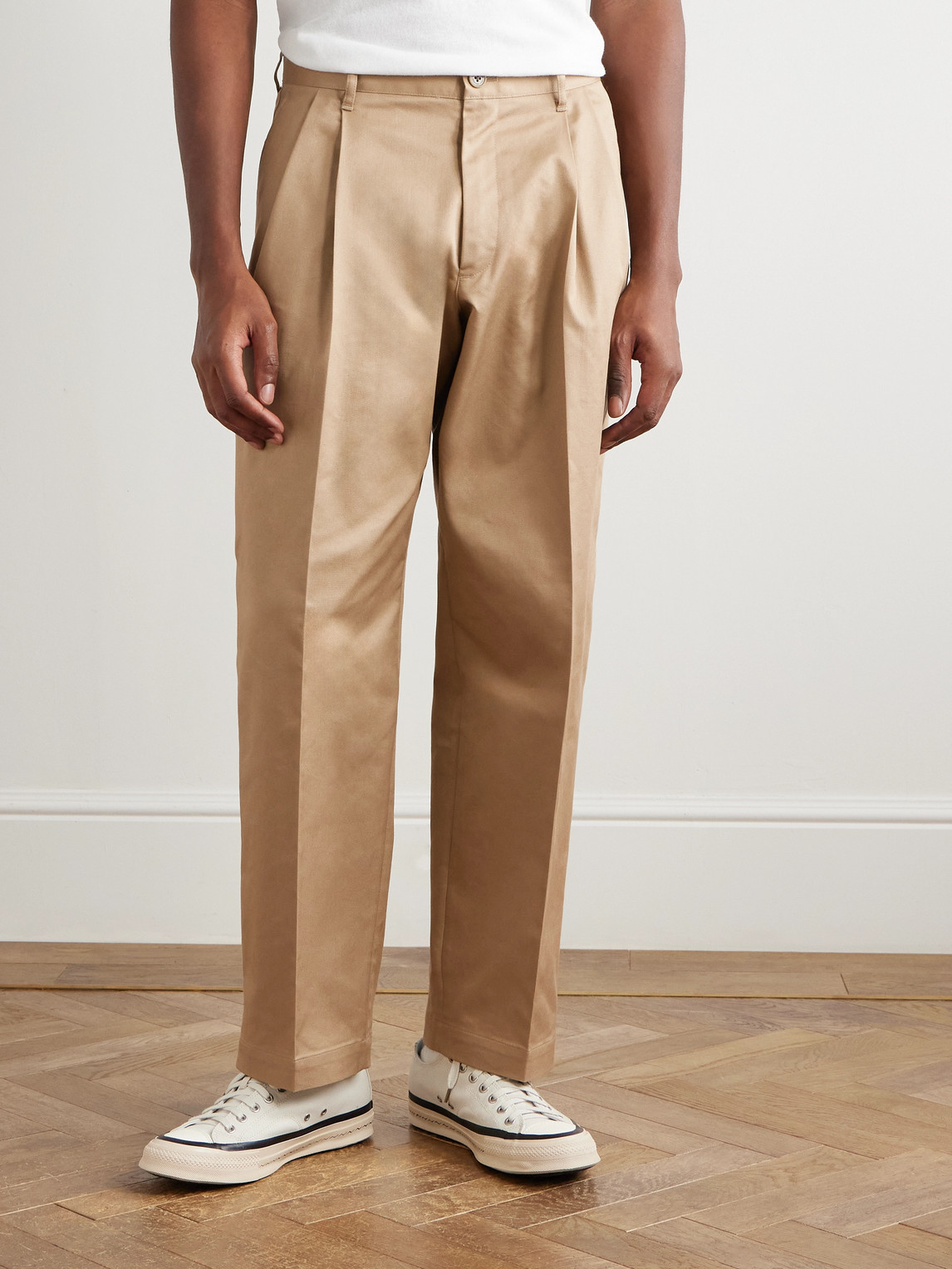 Neighborhood Two Tuck Straight-leg Cotton-blend Trousers In Neutral