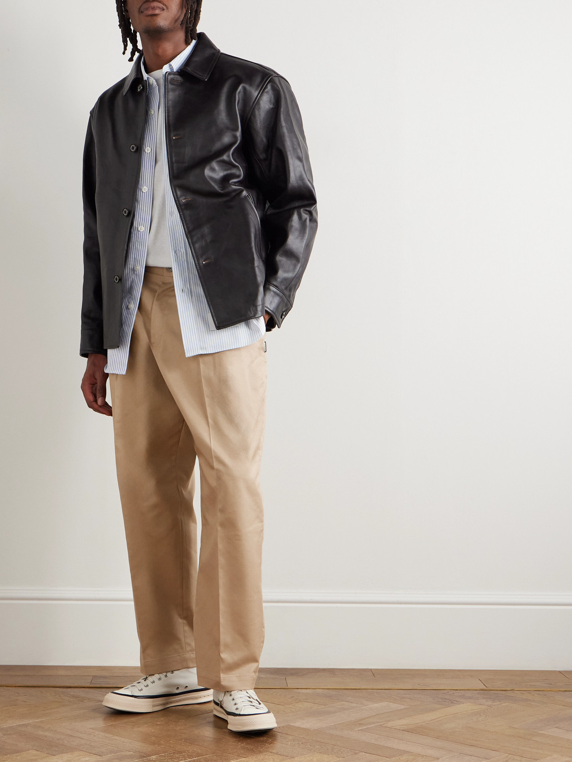 Neighborhood Two Tuck Straight-leg Cotton-blend Trousers In Neutral
