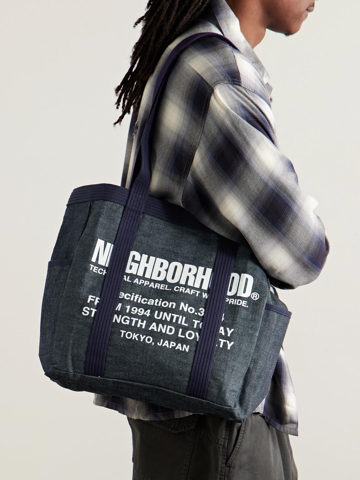 Neighborhood Canvas-trimmed Logo-print Denim Tote Bag In Blue