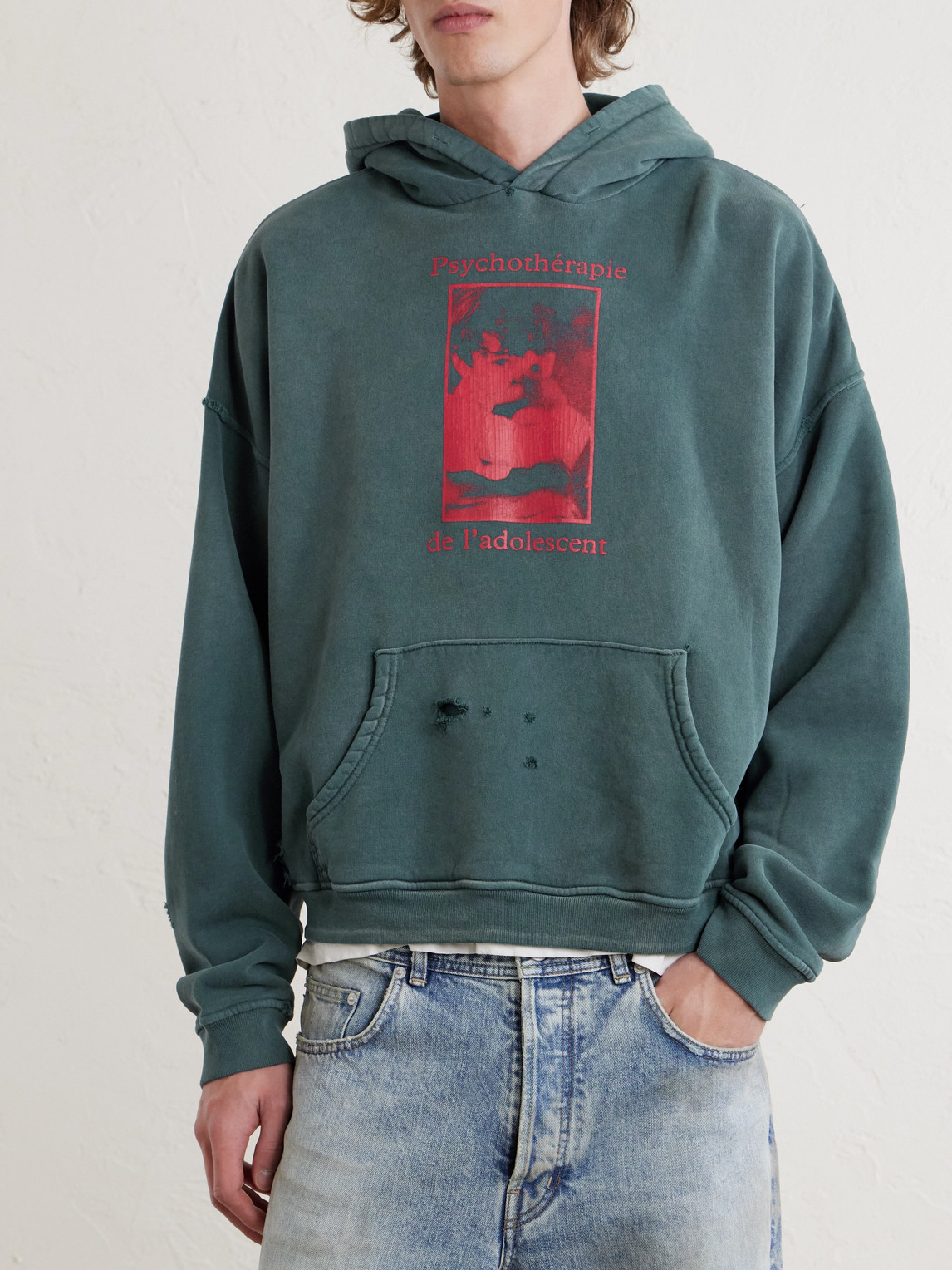  Enfants Riches Déprimés - Psychothérapie De L'adolescent Printed Distressed Cotton-jersey Hoodie - Men - Green - L 