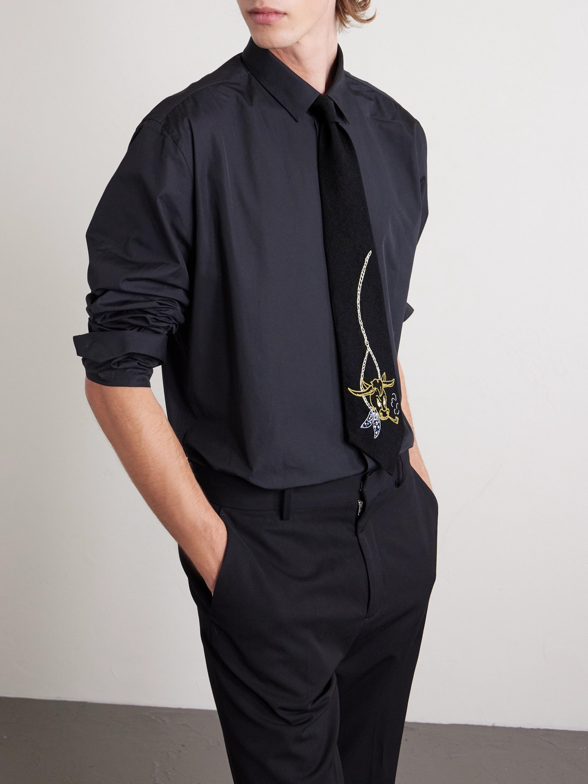 Enfants Riches Deprimes Bull 12cm Embroidered Virgin Wool-twill Tie In Black