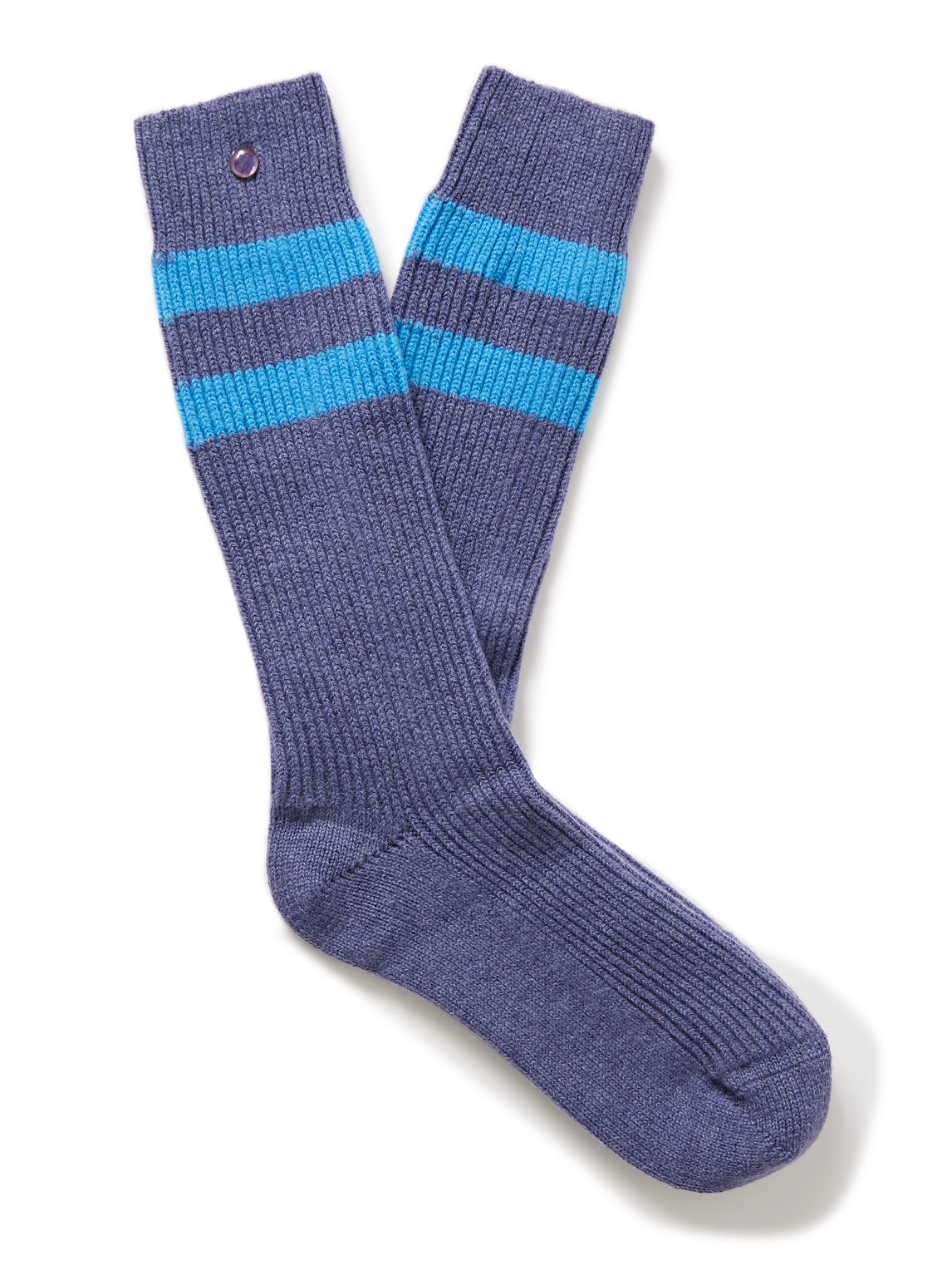 God's True Cashmere Shadow Amethyst-embellished Striped Ribbed Cashmere-blend Socks In Blue