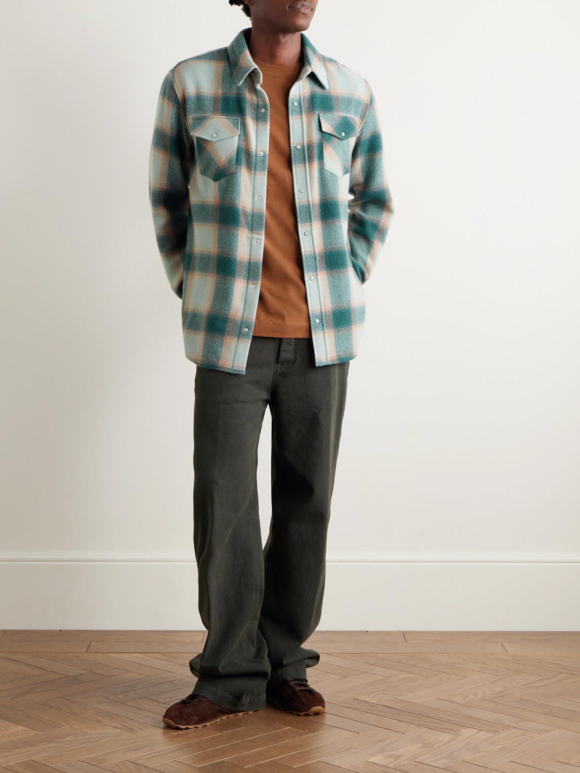 God's True Cashmere Shadow Plaid Cashmere Shirt With Emerald In Green