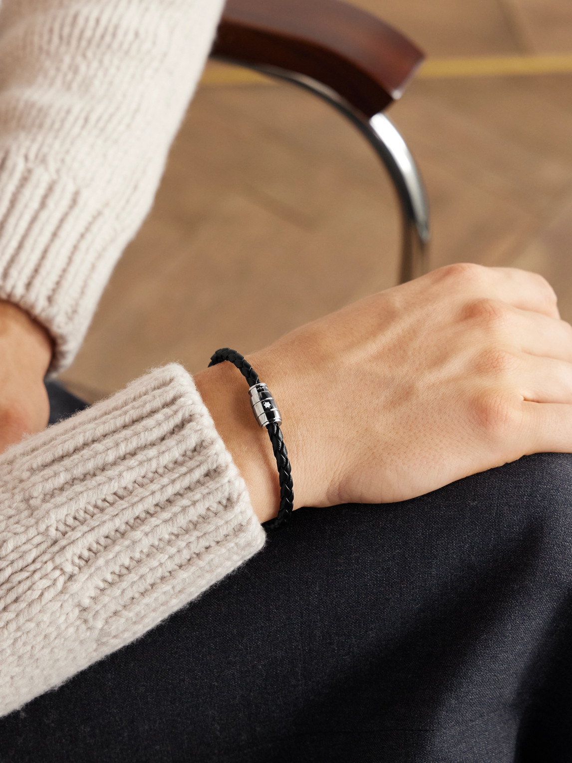 Montblanc Meisterstück 3-ring Stainless Steel And Woven Leather Bracelet In Black