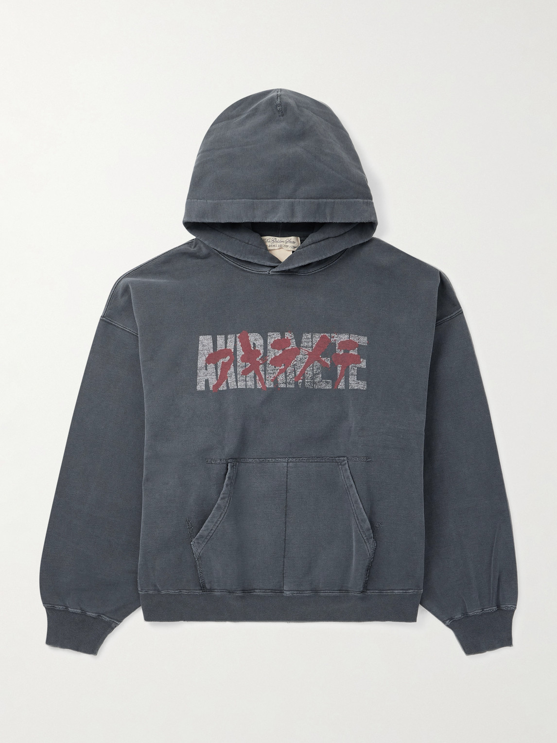 Remi Relief Akiramete Distressed Printed Cotton-jersey Hoodie In Gray