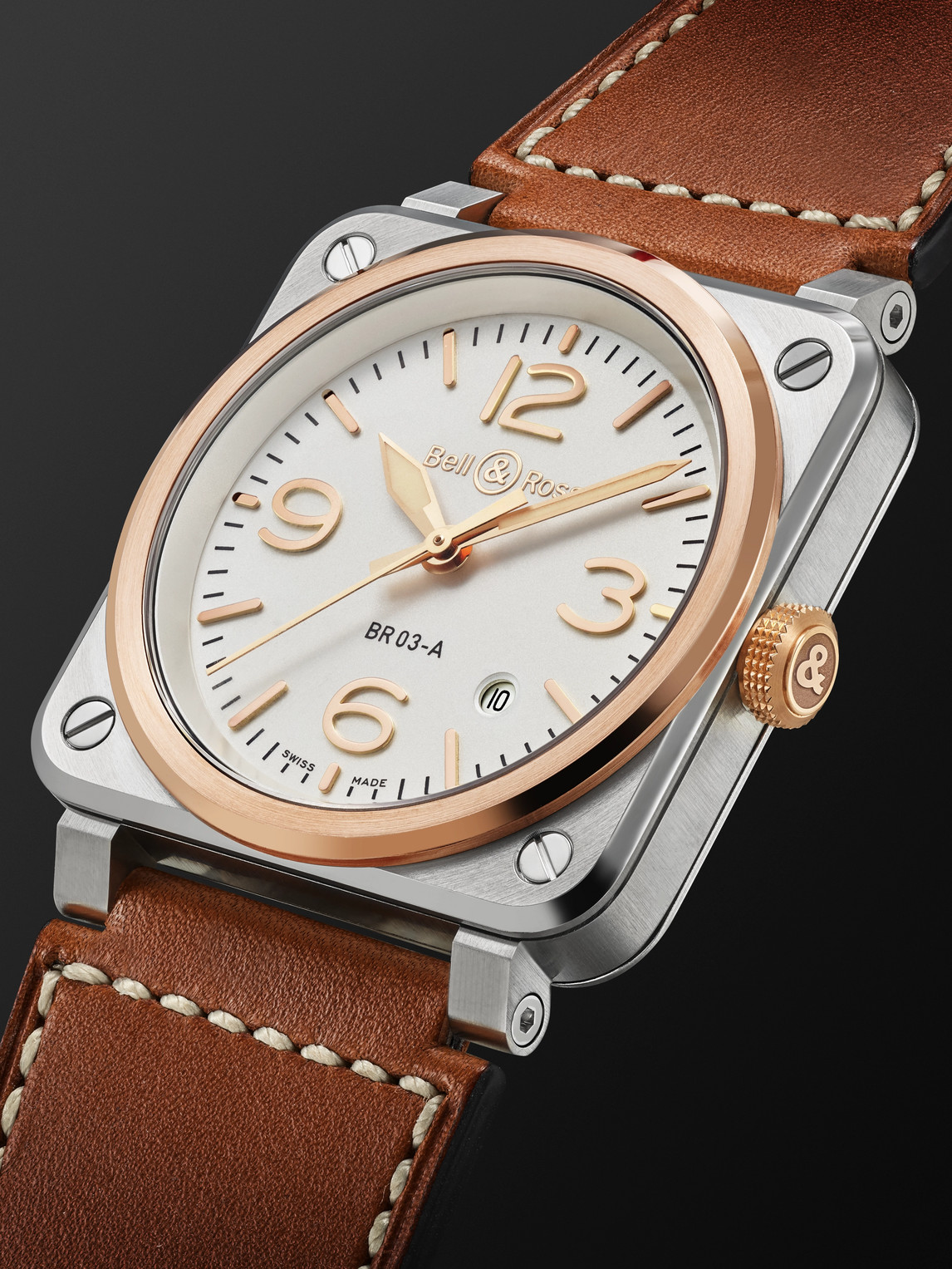  Bell & Ross - Br-03 Automatic 41mm 18-karat Rose Gold, Steel And Leather Watch, Ref. No. Br03a-wh-stpg/sca - Men - White 
