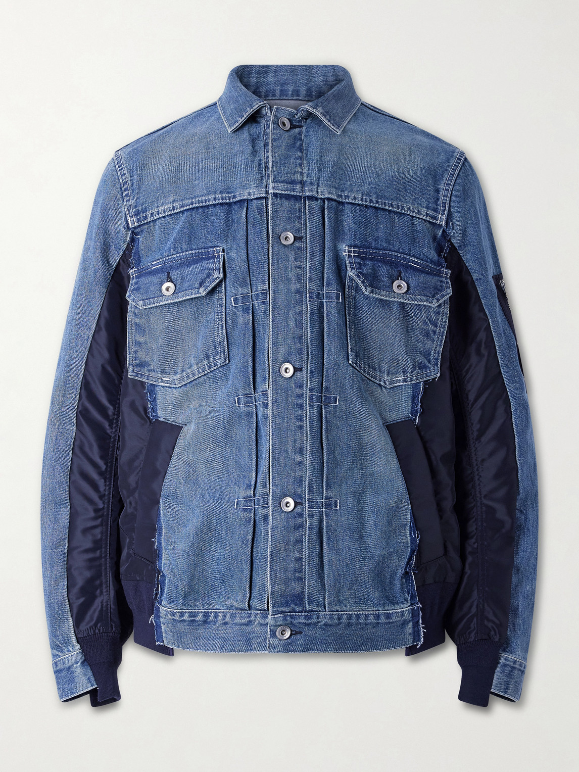 Sacai Denim And Nylon-twill Bomber Jacket In Blue