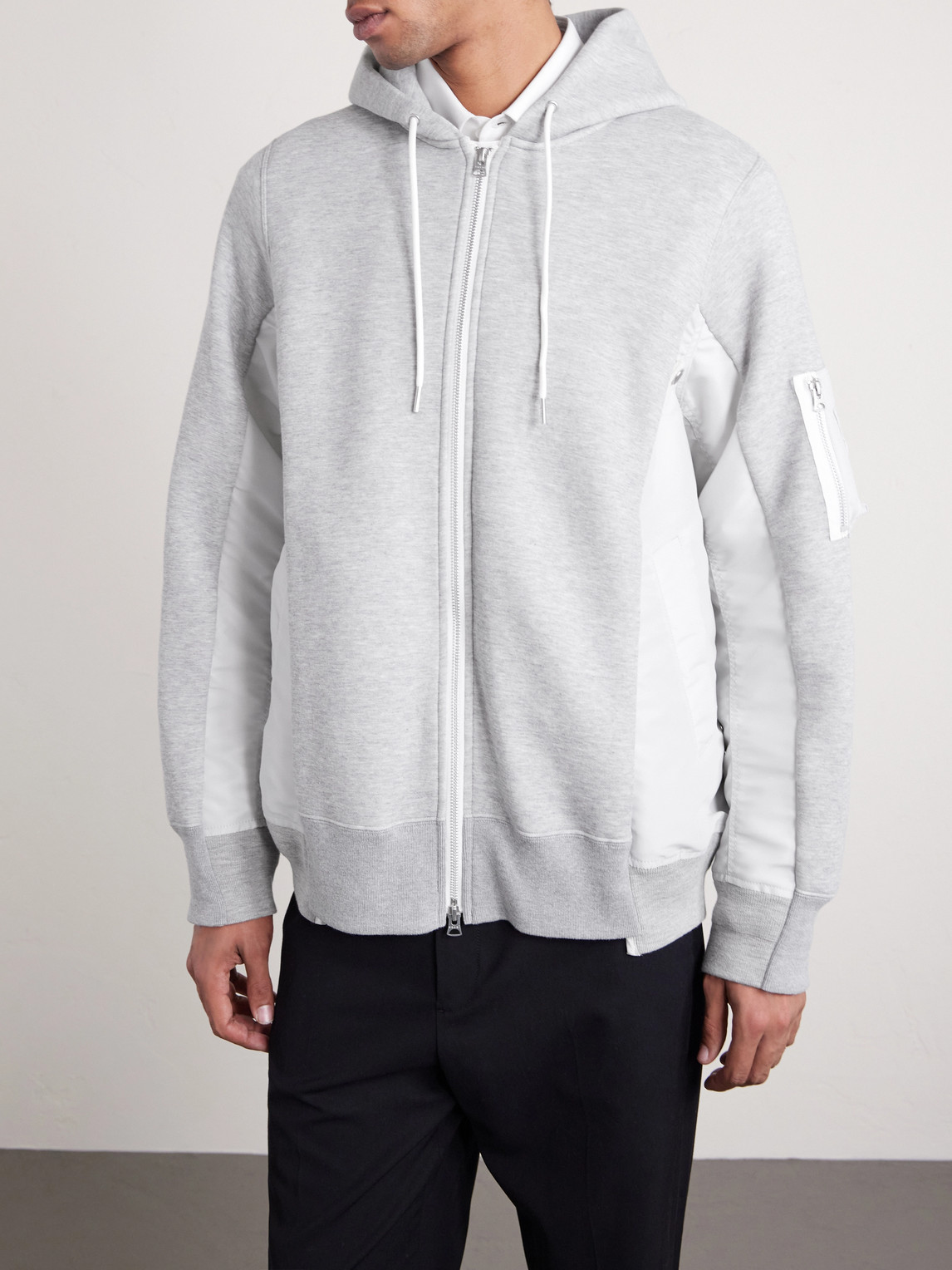 Sacai Ma-1 Nylon-trimmed Cotton-blend Jersey Zip-up Hoodie In Gray