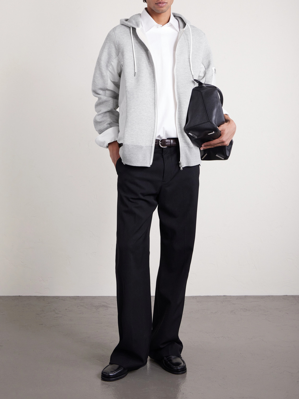 Sacai Ma-1 Nylon-trimmed Cotton-blend Jersey Zip-up Hoodie In Gray