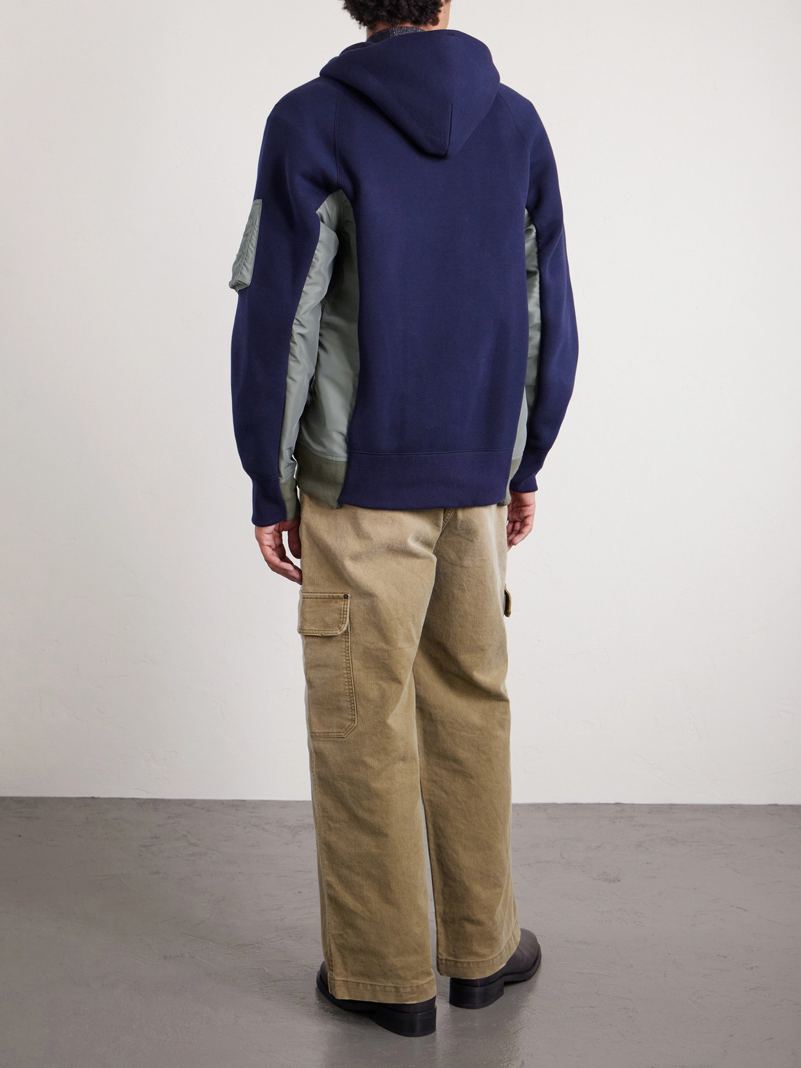 Sacai Ma-1 Nylon-trimmed Cotton-blend Jersey Zip-up Hoodie In Blue