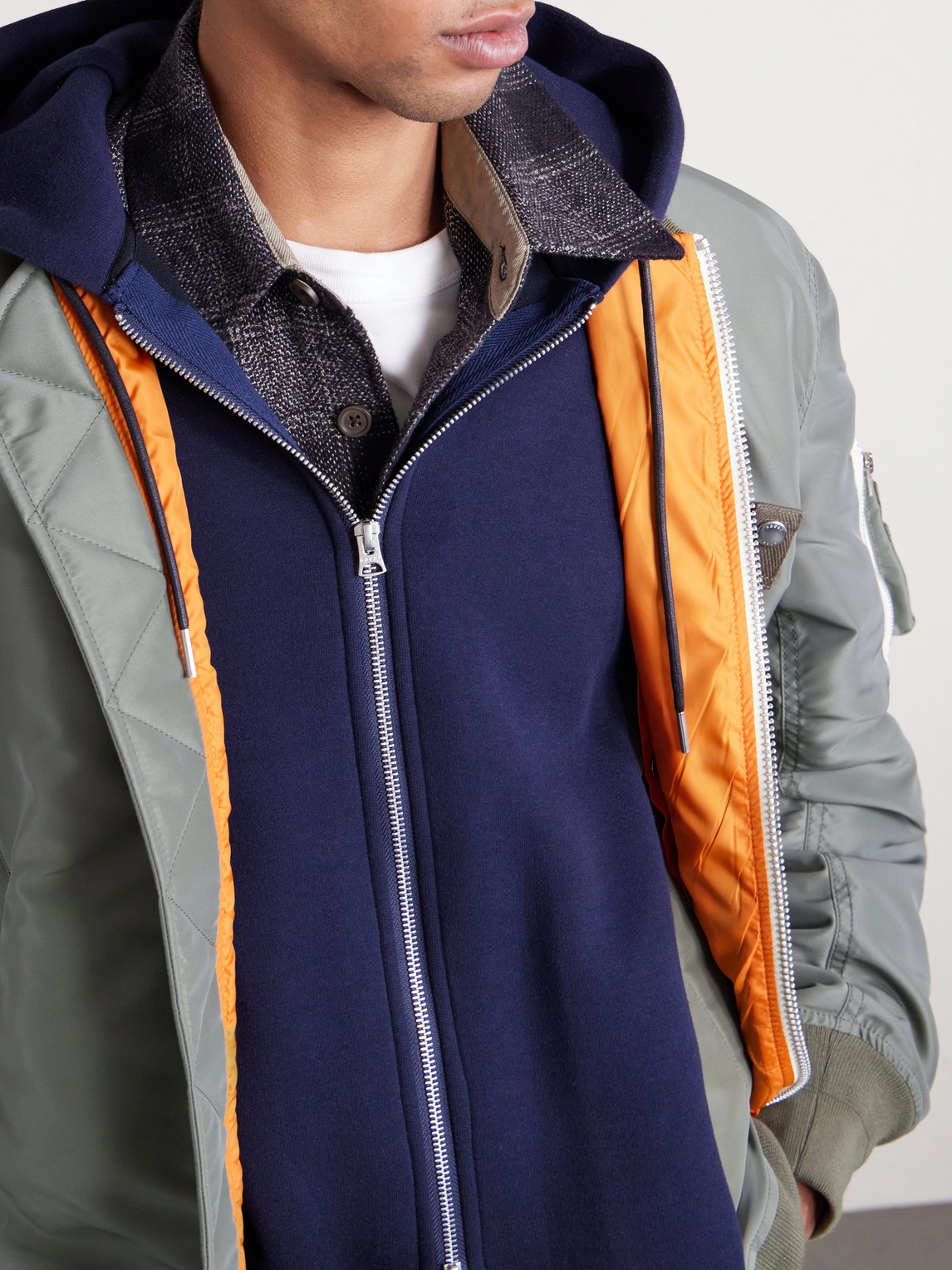 Sacai Ma-1 Nylon-trimmed Cotton-blend Jersey Zip-up Hoodie In Blue