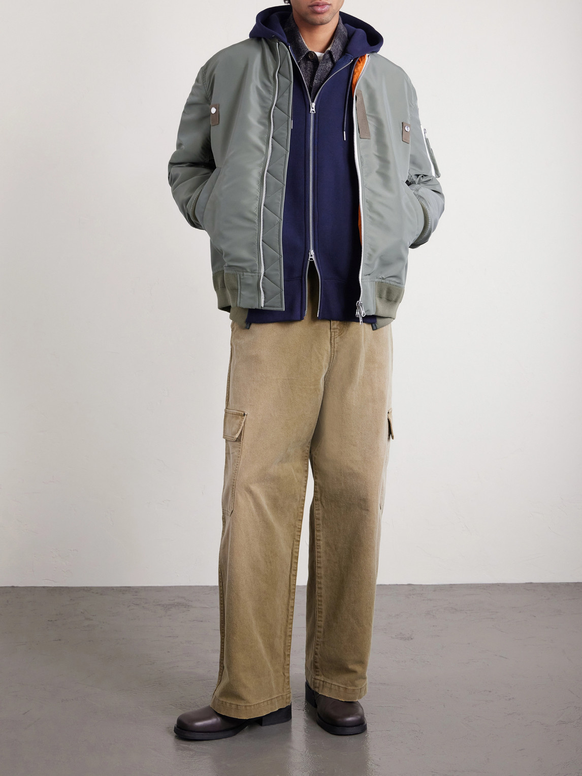 Sacai Ma-1 Nylon-trimmed Cotton-blend Jersey Zip-up Hoodie In Blue