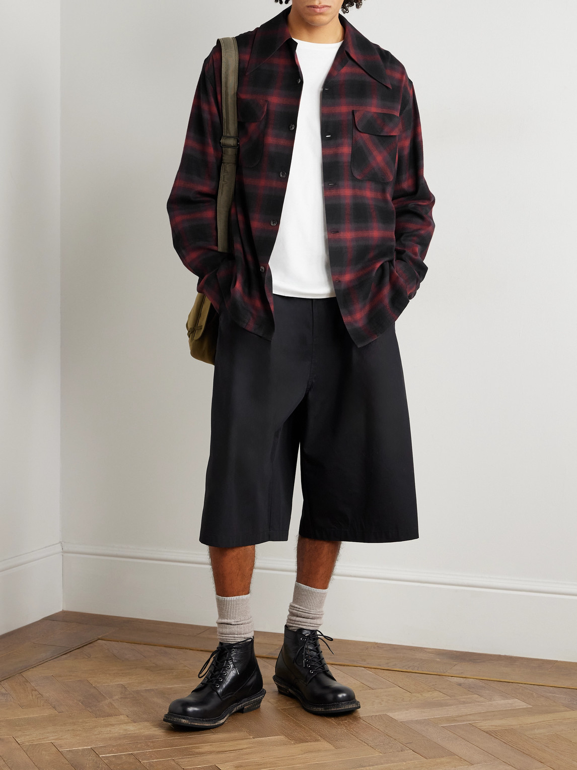 Kapital Camp-collar Checked Cotton-blend Flannel Shirt In Burgundy