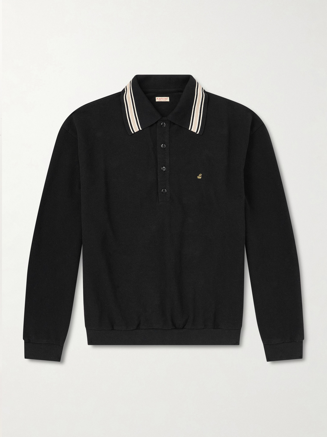 Kapital Box Striped Embroidered Cotton-piqué Polo Shirt In Black