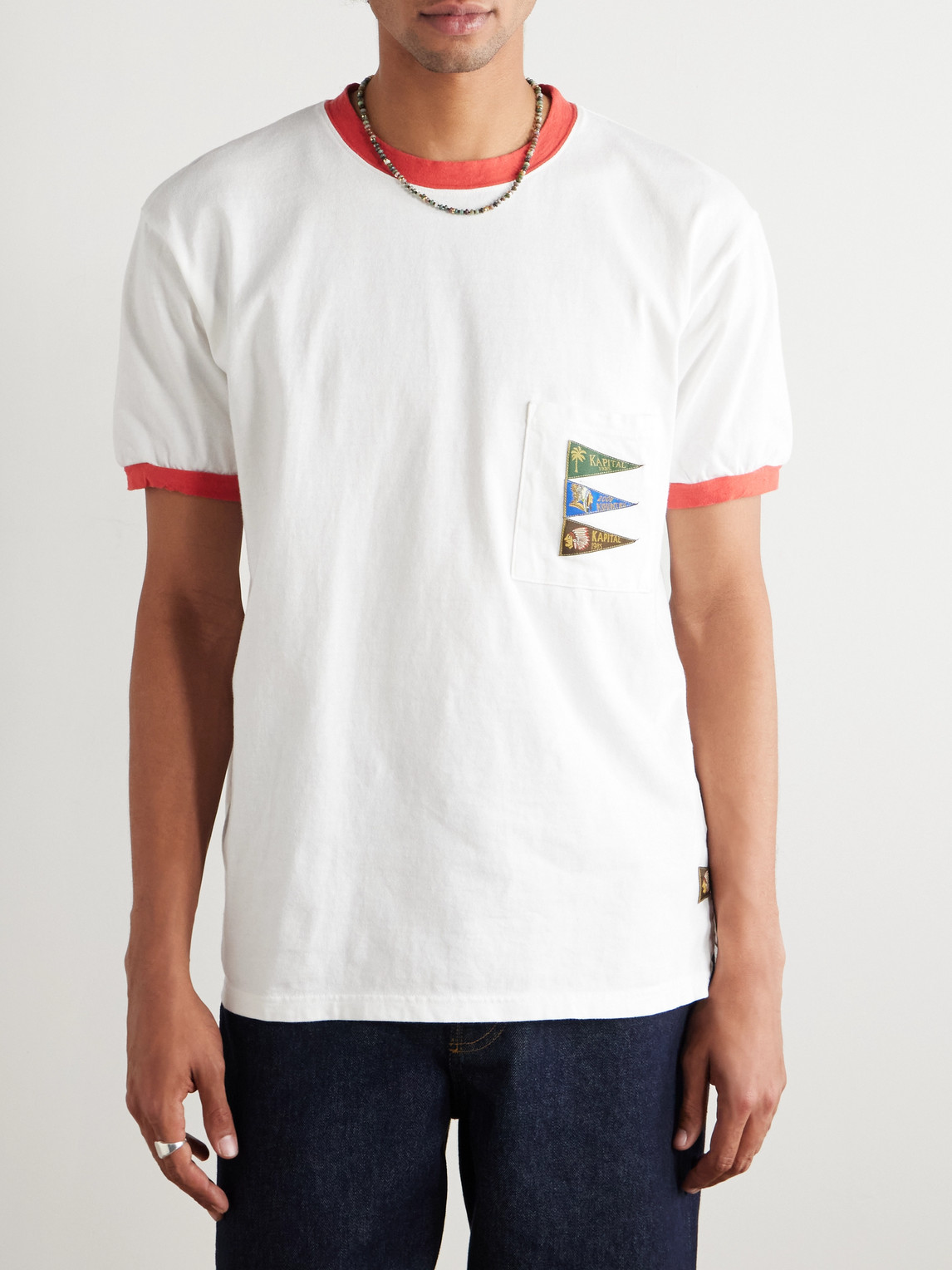 Kapital Pennant Ringer Logo-appliquéd Cotton-jersey T-shirt In White