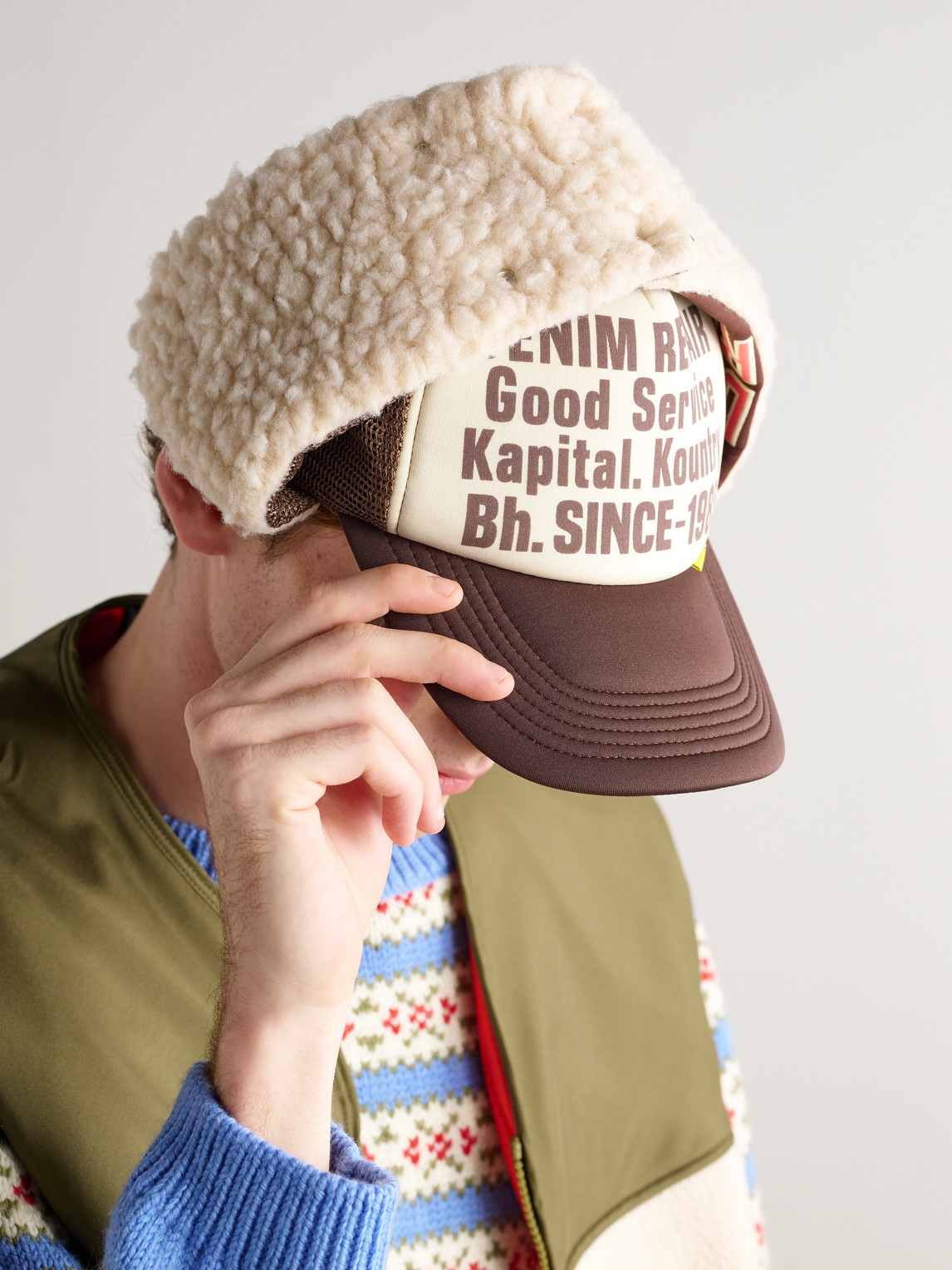 Kapital Denim Repair Service Fleece-trimmed Printed Canvas And Mesh Trucker Cap In Neutral