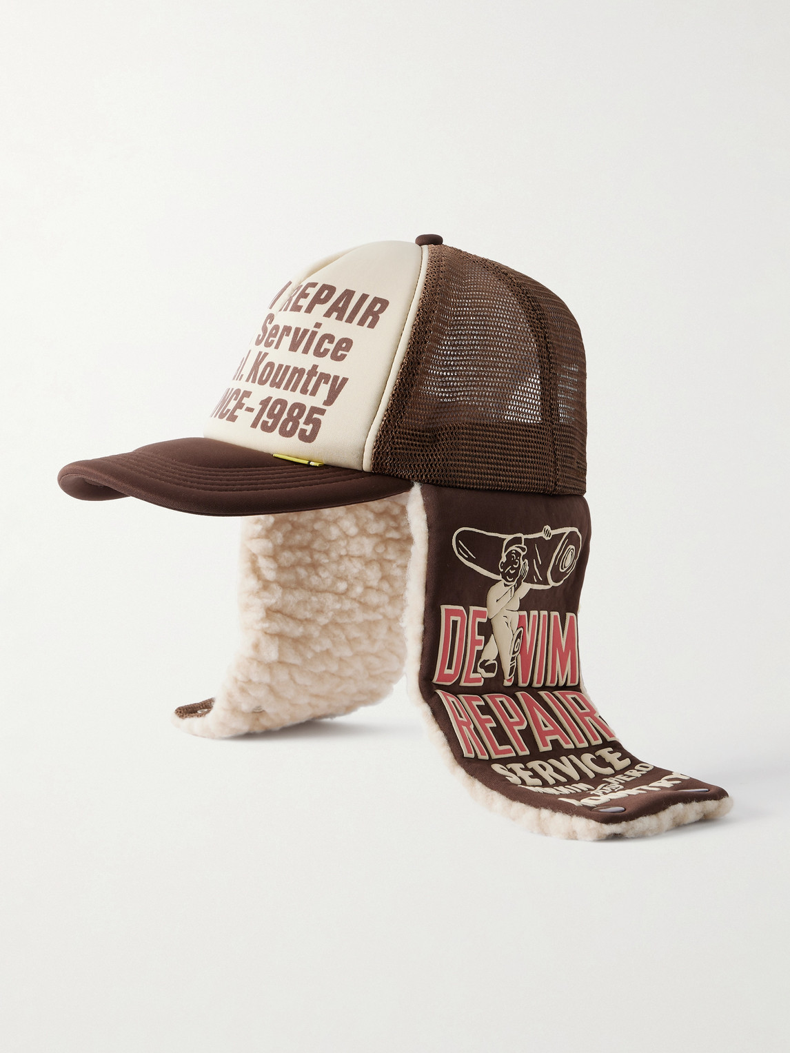 KAPITAL Denim Repair Service Fleece-Trimmed Printed Canvas and Mesh Trucker Cap - Men