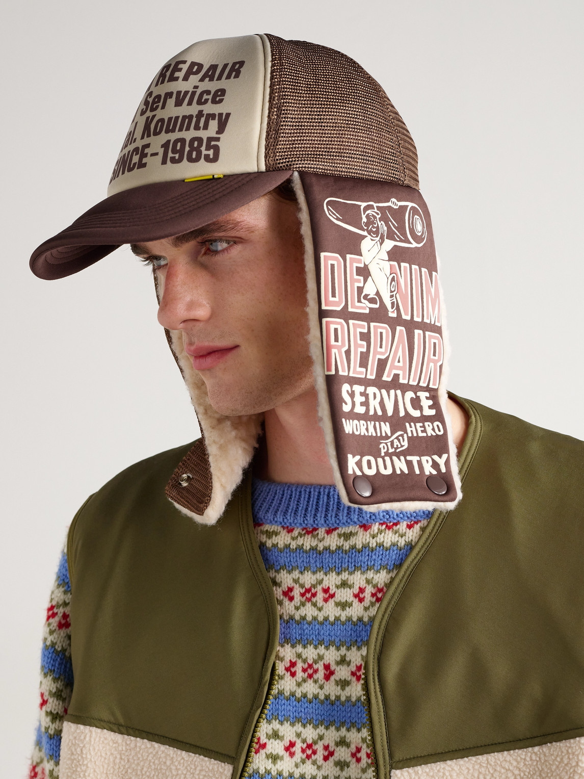 Kapital Denim Repair Service Fleece-trimmed Printed Canvas And Mesh Trucker Cap In Neutral