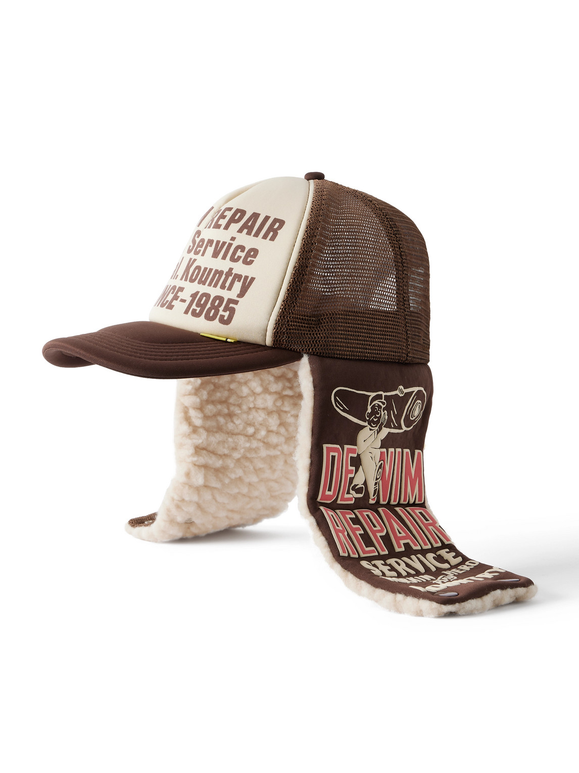 Kapital Denim Repair Service Fleece-trimmed Printed Canvas And Mesh Trucker Cap In Neutral