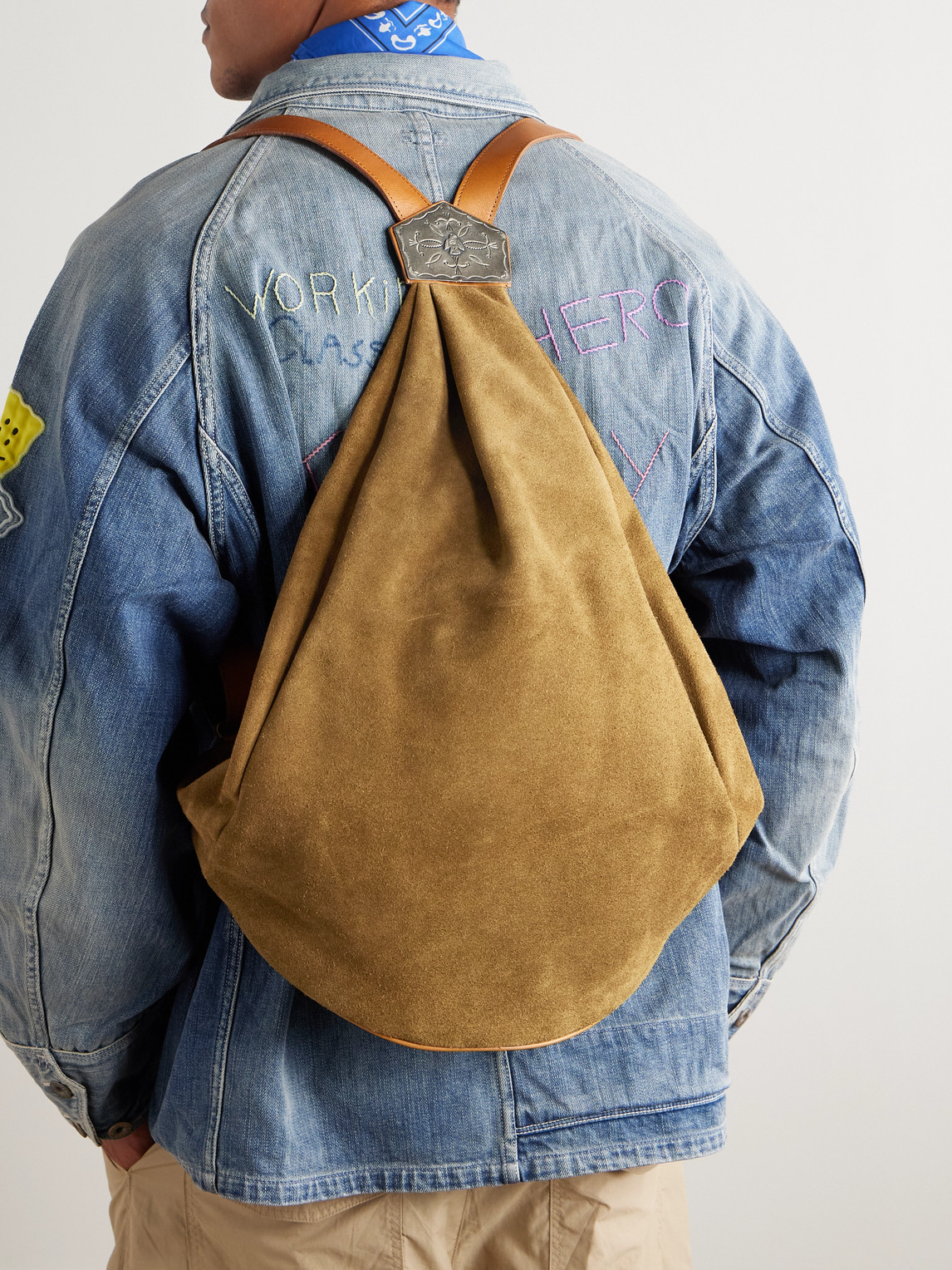 Kapital Harvey Medicin Embellished Leather-trimmed Suede Backpack In Neutral