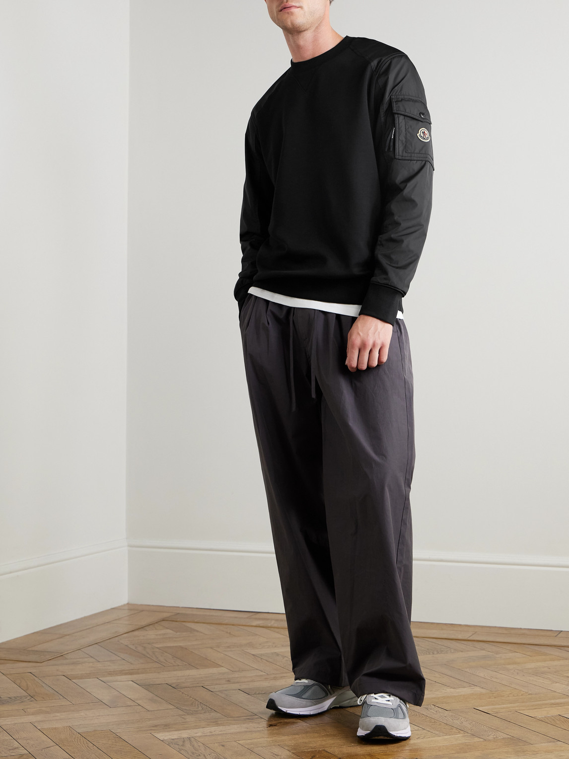 Moncler Padded Shell-trimmed Cotton-blend Jersey Sweatshirt In Black