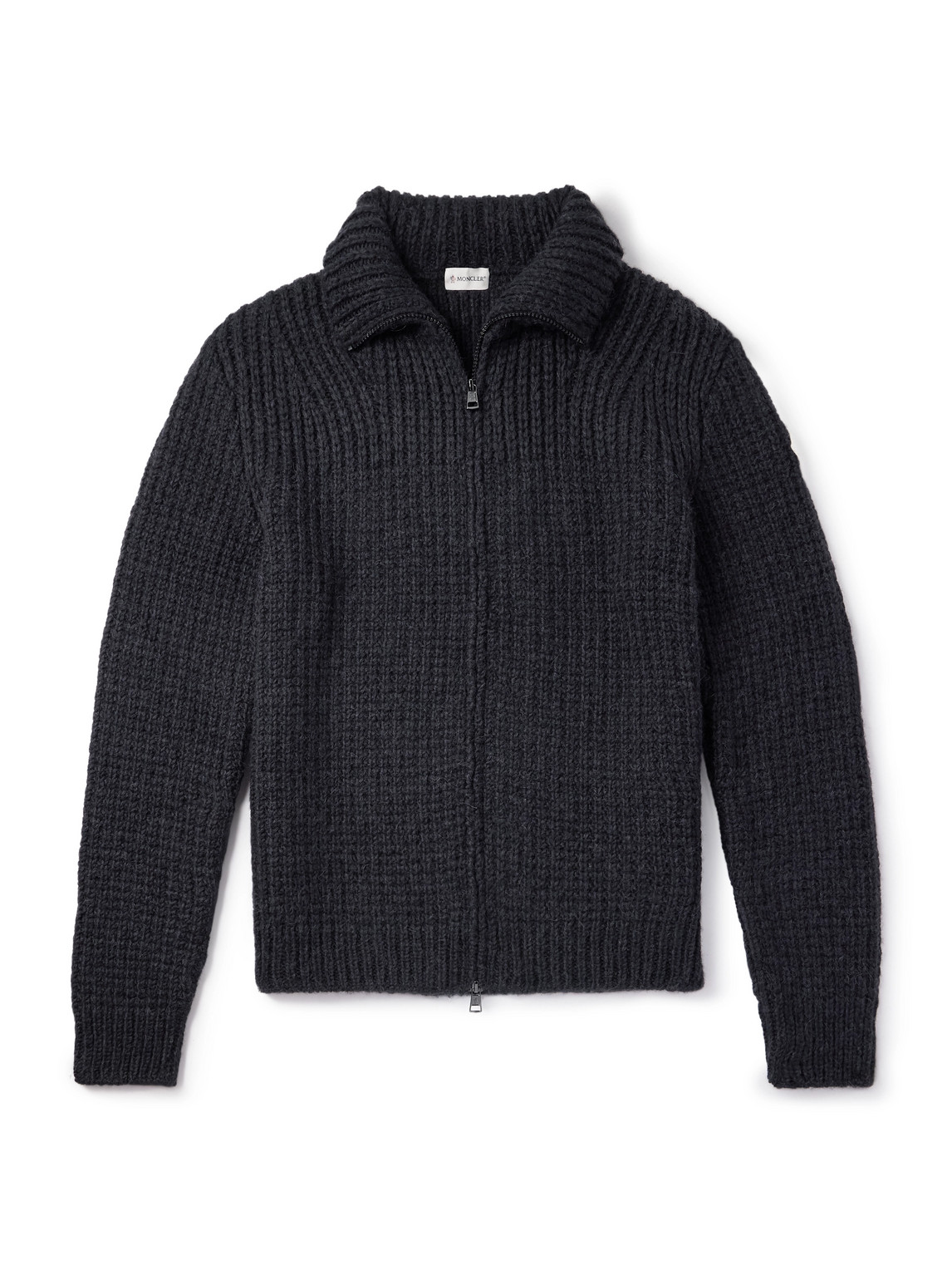 Moncler Logo-appliquéd Ribbed Alpaca-blend Zip-up Cardigan In Gold