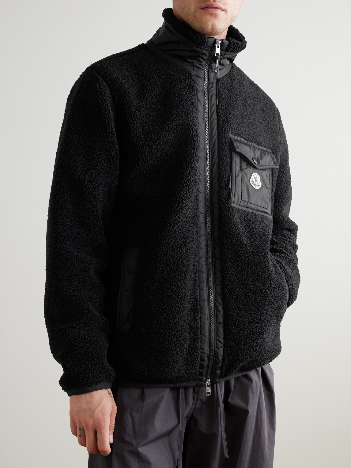 Moncler Logo-appliquéd Nylon-trimmed Fleece Jacket In Black
