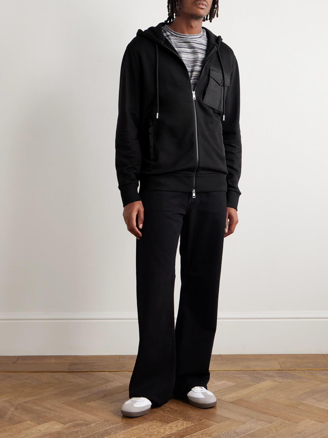 Moncler Shell-trimmed Cotton-blend Jersey Zip-up Hoodie In Black