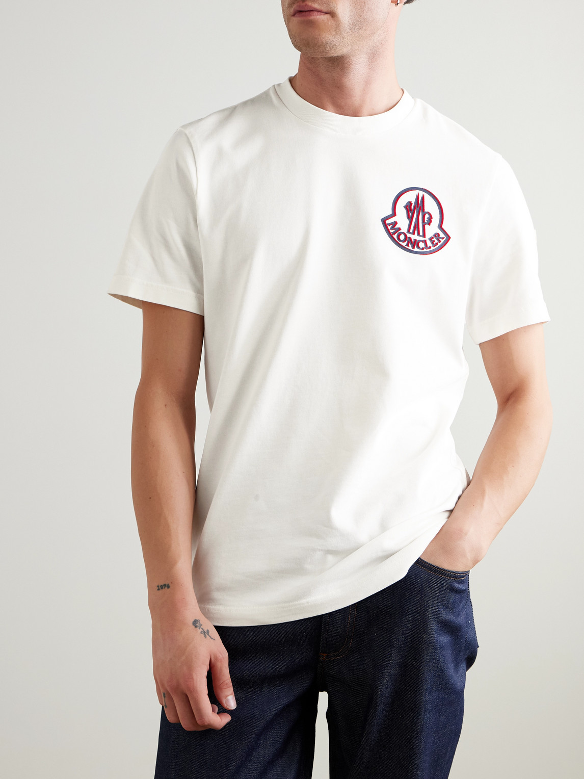 Moncler Flocked Logo T-shirt In Organic Cotton With Aesthetics In White