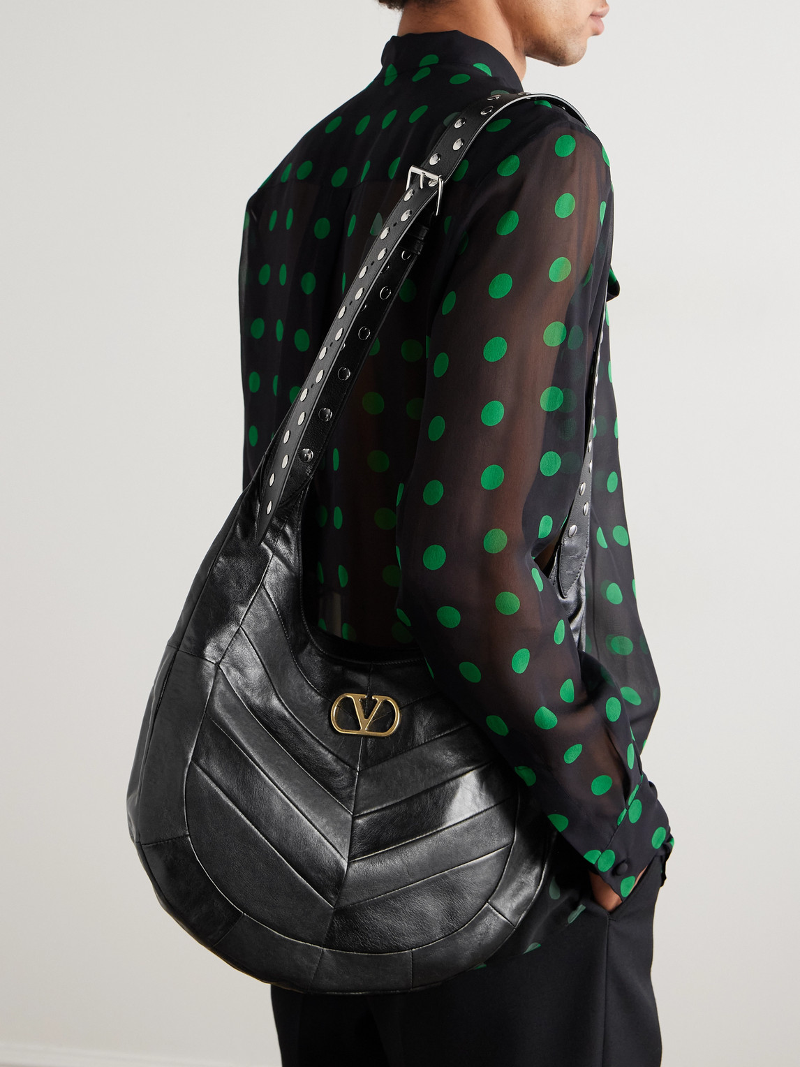 Valentino Garavani Medium Hoboho Bag In Chevron-pattern Nappa In Black