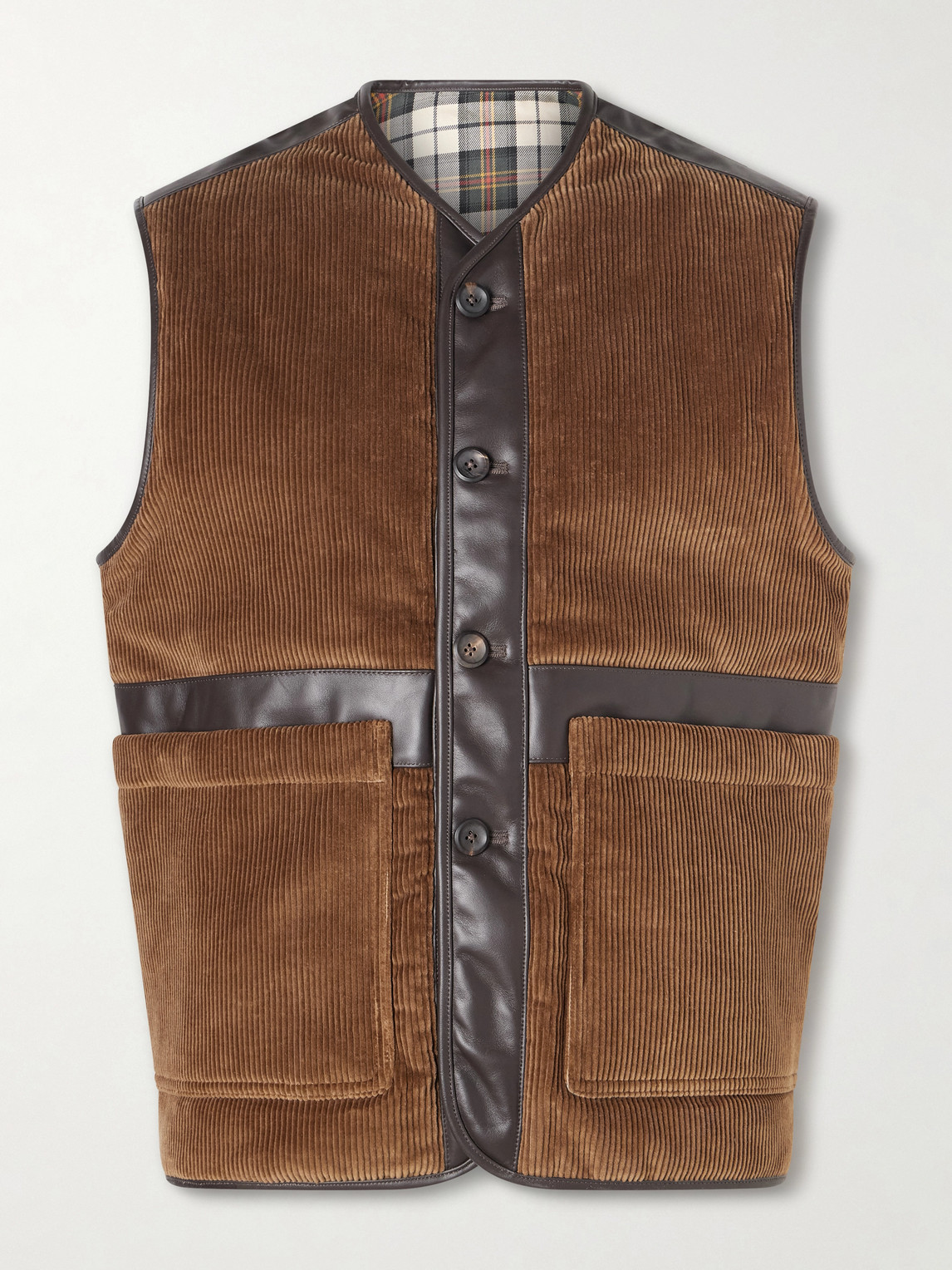 Drake's Padded Leather-trimmed Cotton-corduroy Gilet In Brown