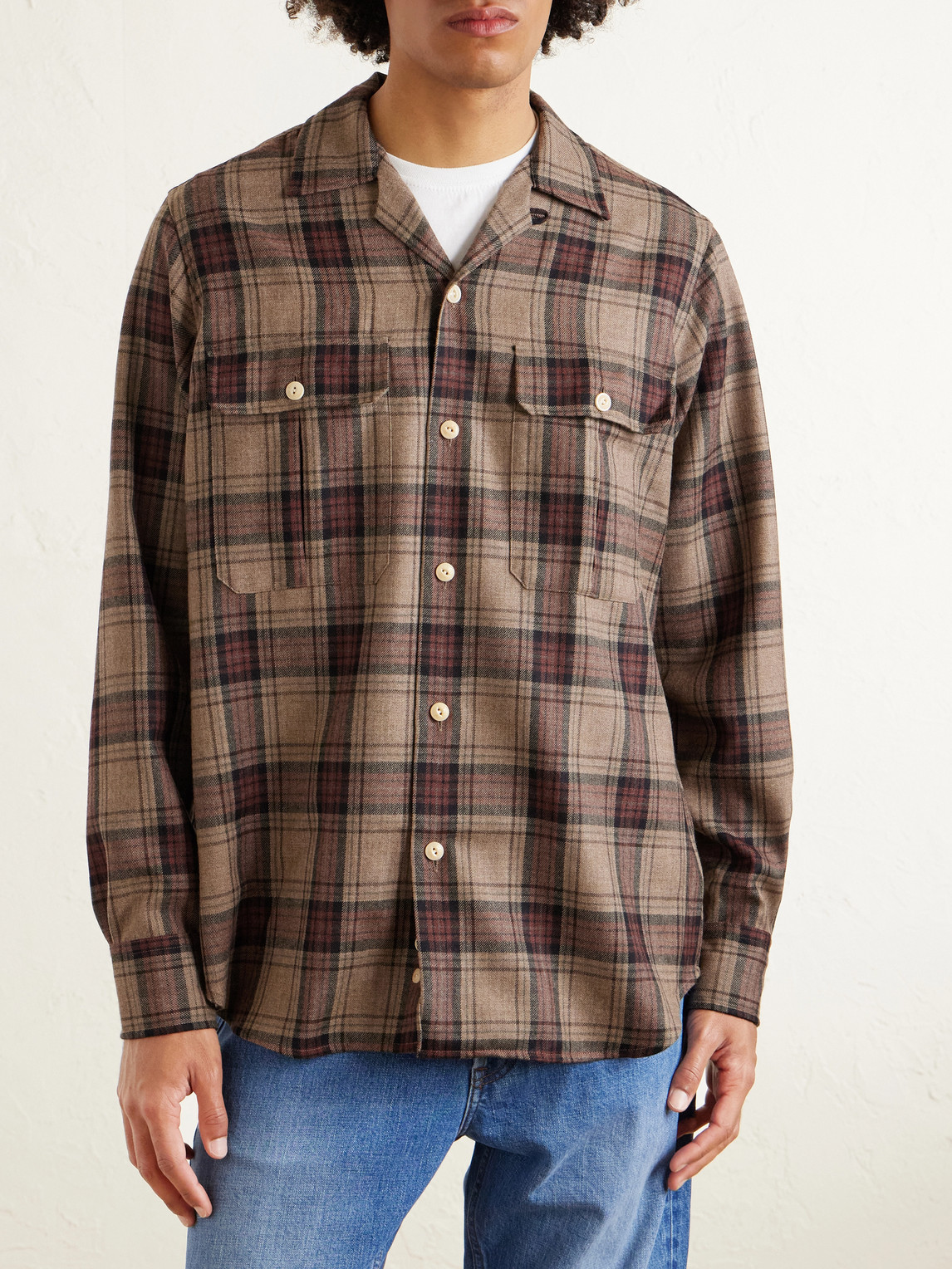  Drake's - Camp-collar Checked Wool Shirt - Men - Brown - S 